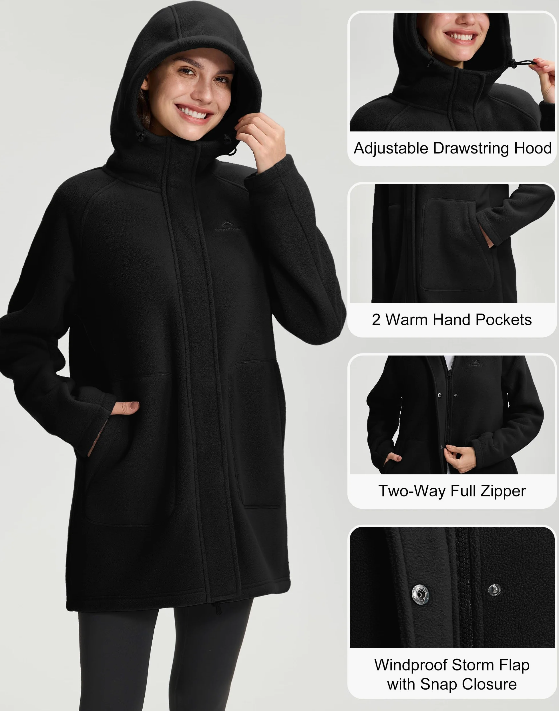 Pioneer Camp Kurtka polarowa damska, długa, z podszewką, gruba, ciepła 400 g, bluza z kapturem, płaszcz z kapturem, płaszcz antystatyczny na jesień i zimę