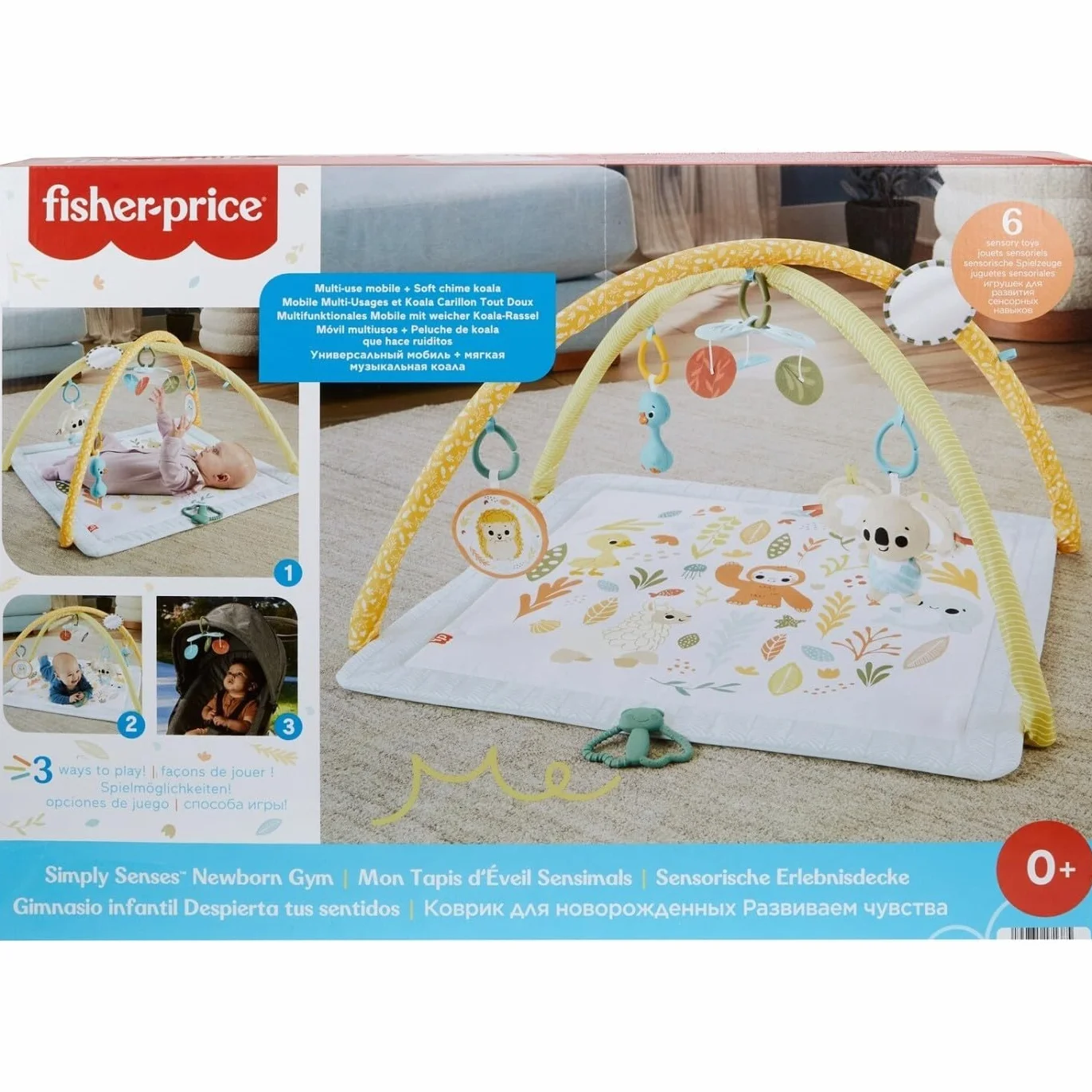 Fisher-Price Mata sensoryczna premium dla niemowląt z 6 przenośnymi zabawkami sensorycznymi, HRB15