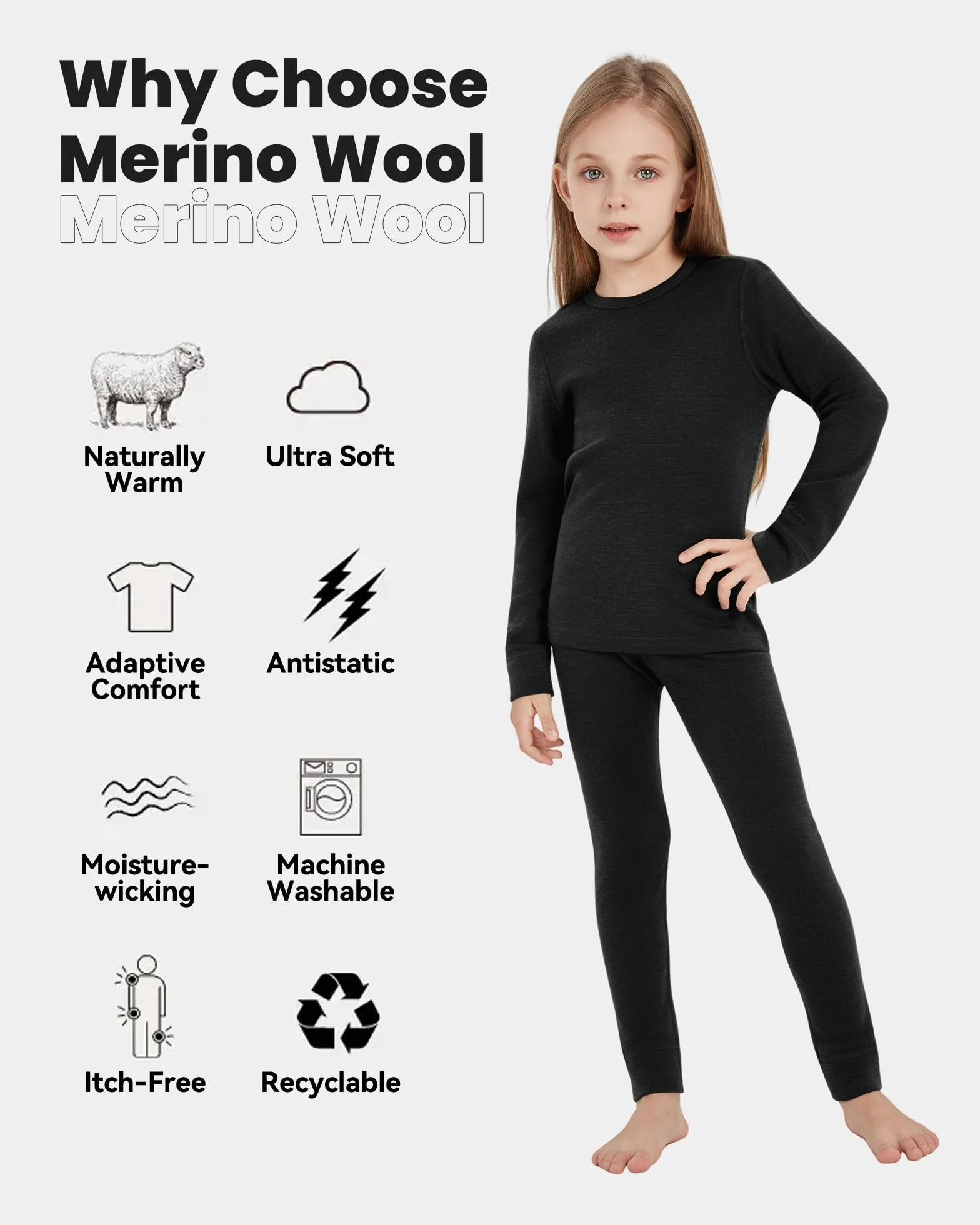 Bielizna termiczna dla dzieci, unisex, 100% wełna z merynosów, zestaw dla chłopców i dziewczynek, bielizna narciarska na zimę, ciepła i wygodna, 260 g/m², czarna 11-12