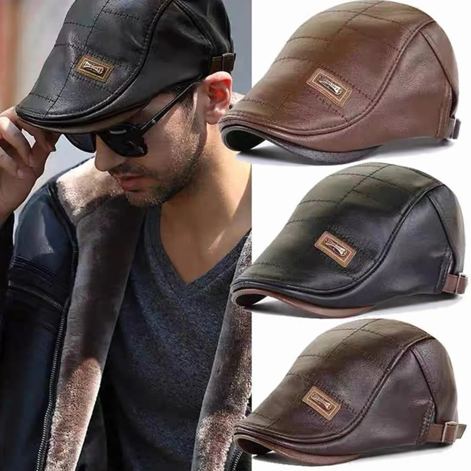 Skórzany Beret Męski Czapka Ciepła Zimowa Gazeciarz Kapelusz Modny Unisex Ciemnobrązowy, Brązowy