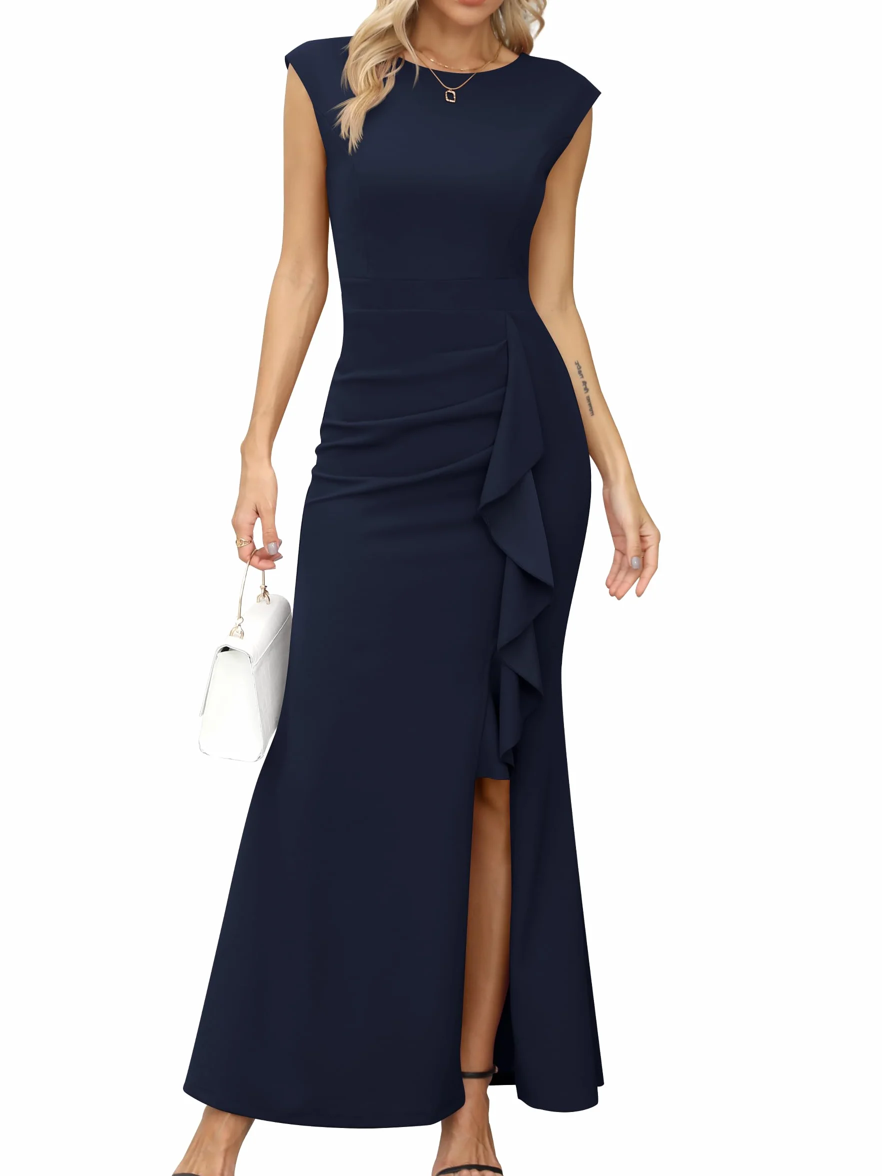 Missufe Damska sukienka balowa, maxi, sukienka wieczorowa z rękawkami skrzydełkowymi, falbanką, rozcięciem, odświętna sukienka w stylu syrenki, bodycon, na wesele