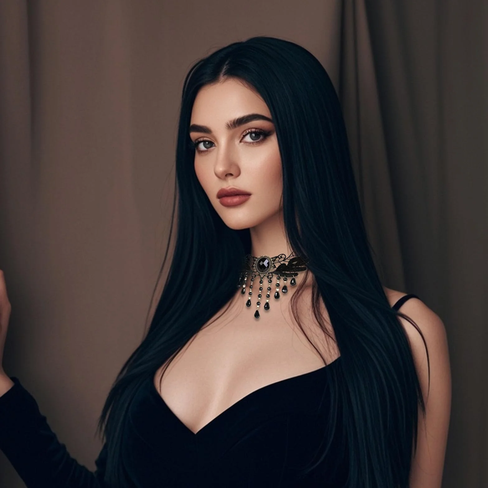 Peruka czarna kostium czarownicy dla kobiet z akcesoriami, kostium Morticia Addams na Cosplay, Halloween, karnawał i imprezy tematyczne