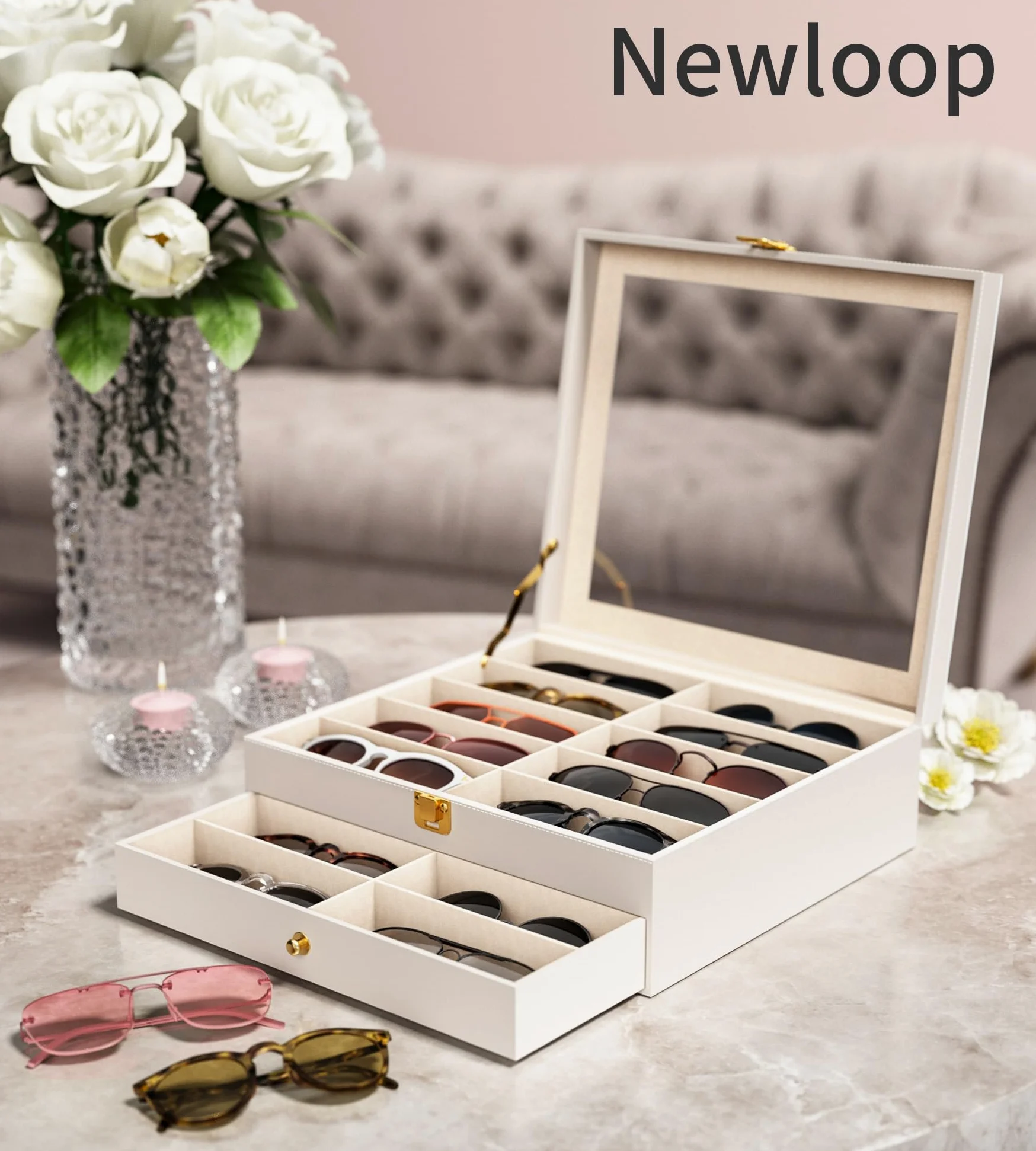 NEWLOOP Organizer do przechowywania etui na okulary przeciwsłoneczne, organizer na okulary przeciwsłoneczne, przezroczysta gablota, wiele par, stojak na okulary, 2-warstwowy, biżuteria, zegarek