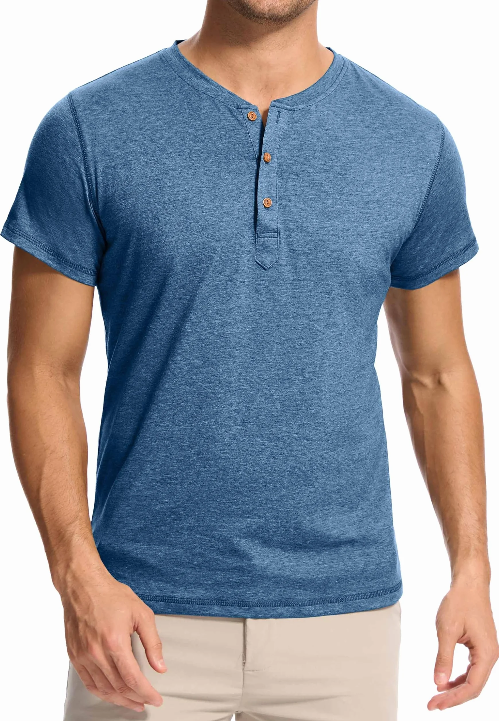 Męski T-shirt z 3 guzikami, jednokolorowy, Henley, koszulka polo | bawełna z krótkim rękawem i kołnierzem koszulowym