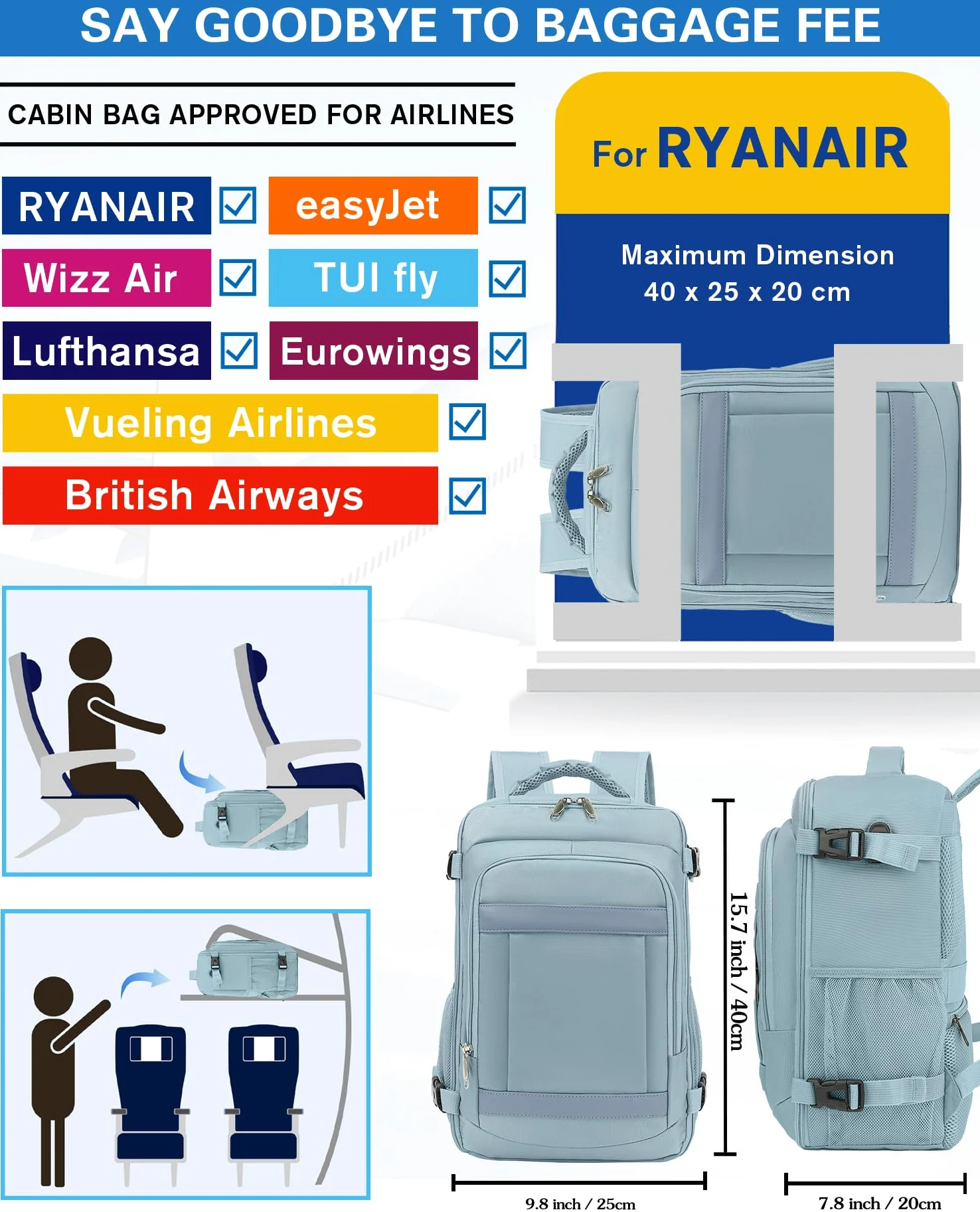 KLOSTAIN Plecak podróżny Ryanair Easyjet Plecak podróżny samolot bagaż podręczny torba kabinowa dla mężczyzn i kobiet plecak podróżny do pracy i szkoły