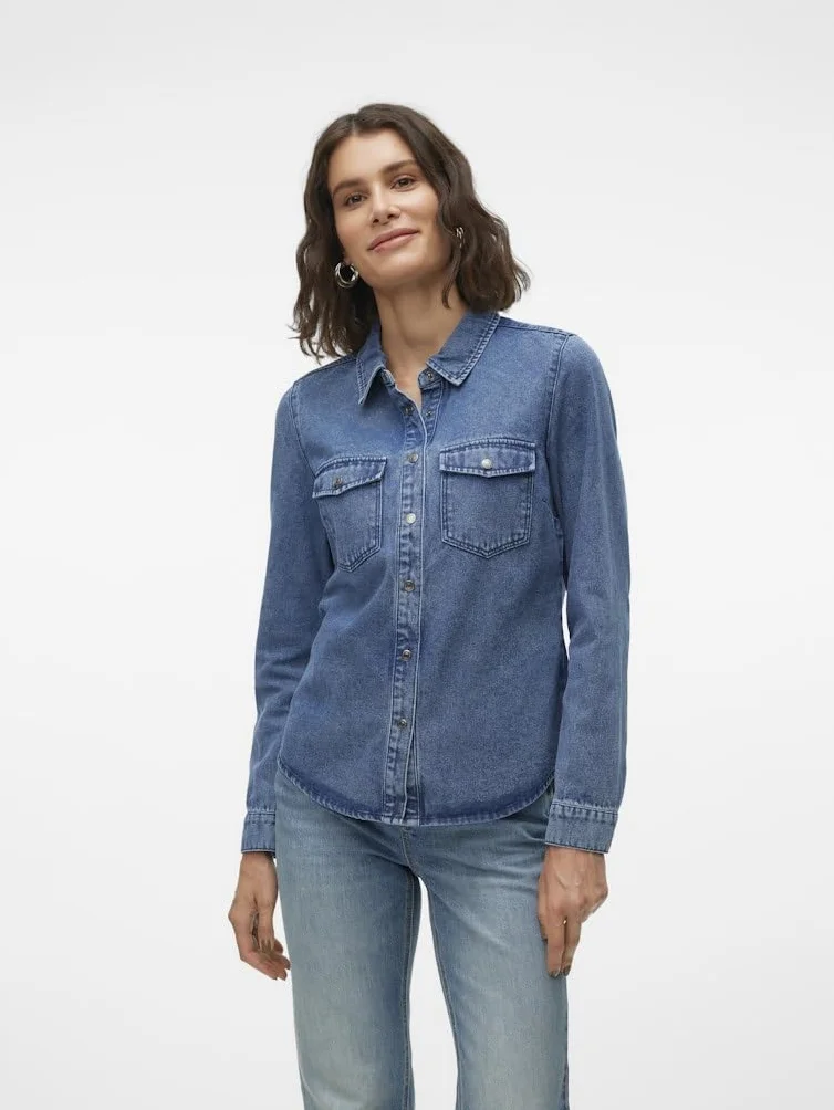 VERO MODA Vmjennie Ls Denim Shirt Mix Noos koszula dżinsowa, niebieski (medium blue denim), L