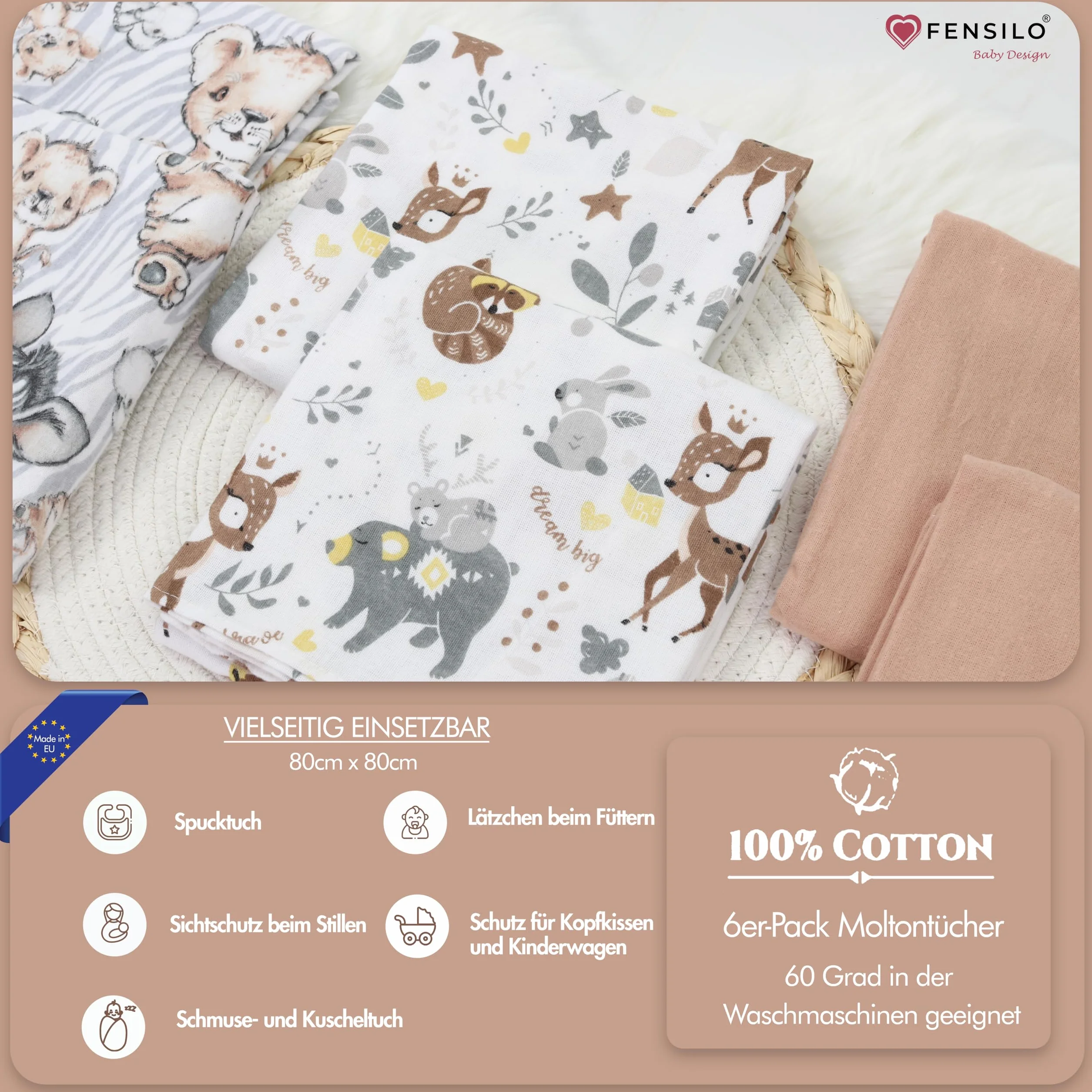 FENSILO Chusteczki Molton, 5 sztuk, pieluchy flanelowe ze 100% bawełny, 80 x 80 cm, pieluchy Molton, chustki do ślinienia dziecka, flanelowe, uniseks, dla chłopców lub dziewczynek