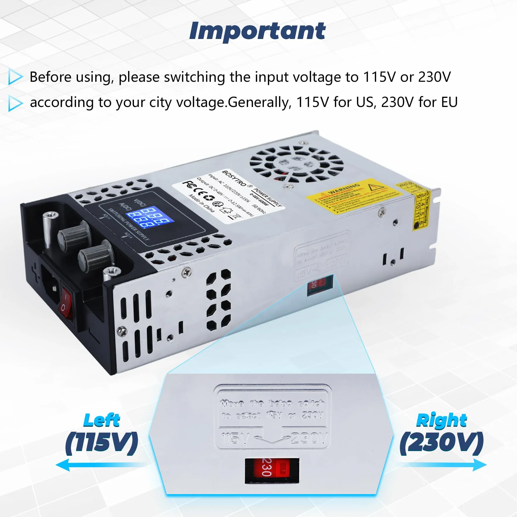 Regulowany Zasilacz 0-12V 0-50A 600W Impulsowy Transformator 230V na 12V Zasilacz do taśmy LED, CCTV, drukarki 3D, radio, kamera, laboratoryjny