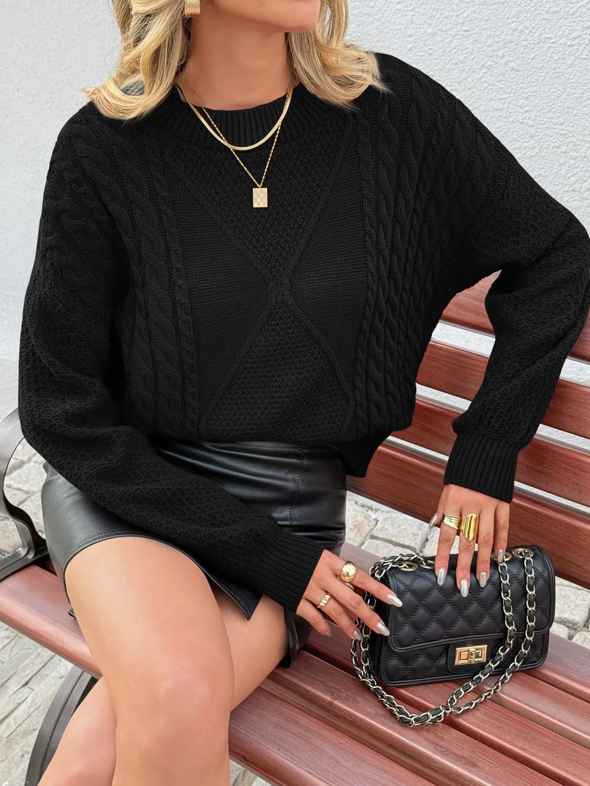 Fisoew Damski sweter oversize, okrągły dekolt, wzór warkocza, długi rękaw, sweter z dzianiny, na zimę, gruby sweter