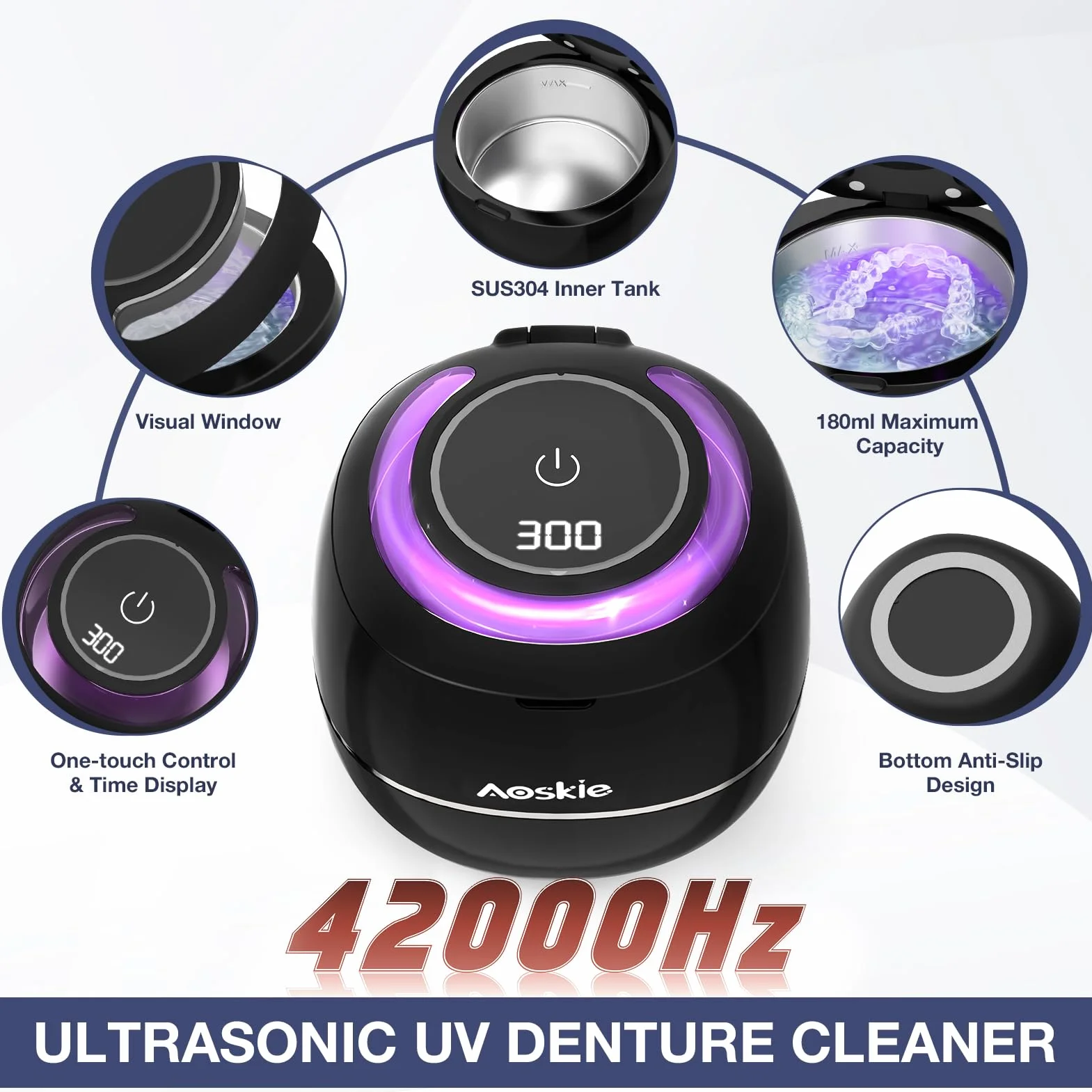 Aoskie Ultradźwiękowe urządzenie do czyszczenia zębów, 48000 Hz, 180 ml, z lampą U-V, kąpiel ultradźwiękowa do protez, korektorów, biżuterii, składanych okularów