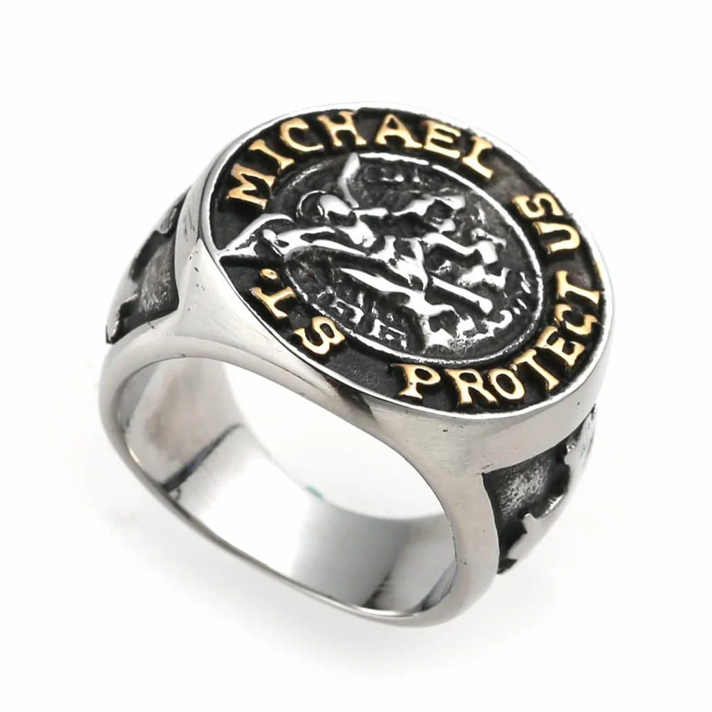 St Michael Sygnet, MęSki Gotycki PierśCionek Ze Stali Nierdzewnej W Stylu Vintage Archanioł Patronus,Silver,14