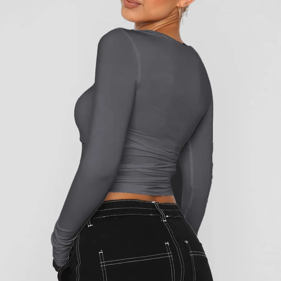 flintronic Koszulka z długim rękawem Slim Fit damska z długim rękawem Crop Top Y2K Slim, jednokolorowa koszulka basic crop tops, krój na co dzień, okrągły dekolt