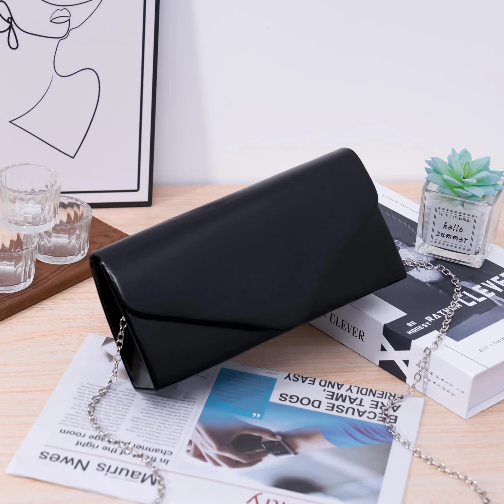 Larcenciel Clutch, elegancka skórzana torebka czarna ze zdejmowanym łańcuszkiem, modna torba skórzana Crossbody, mała torba na ramię, kopertówka, torebka wieczorowa na wesele, imprezę, bankiet, 22 x