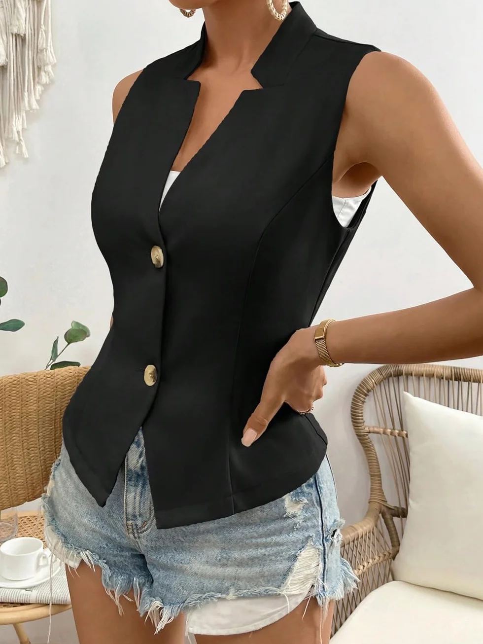 Damska kamizelka bez rękawów, czarna bez kołnierza zapinana na guziki marynarka kamizelka elegancka kamizelka letnia na co dzień slim fit praca biuro tunika kurtka topy