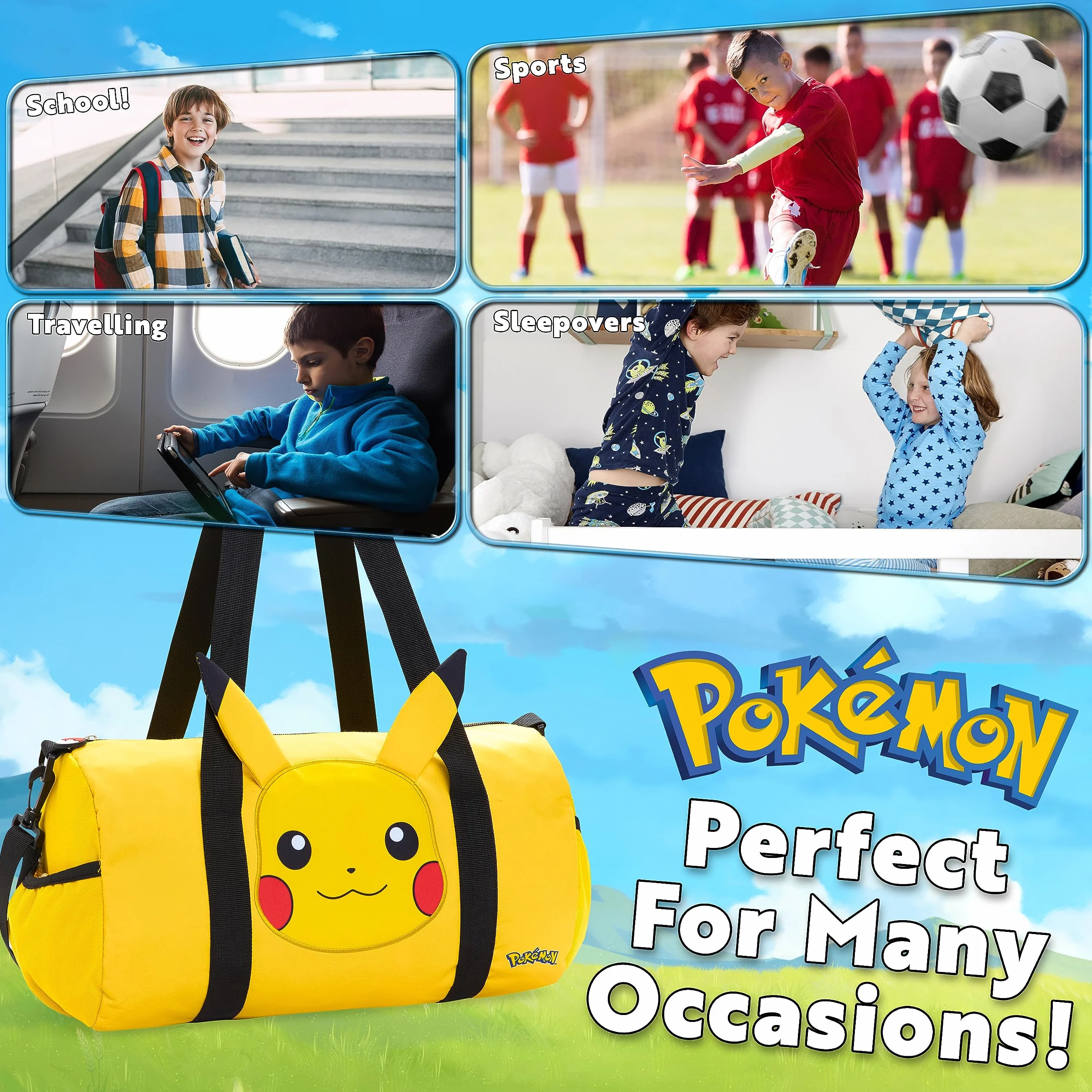 Pokémon Torba Podróżna dla Dzieci - Gimnastyczna, Przez Noc, Sportowa, Pikachu Football Kit Holdall - Prezenty dla Chłopców, Jeden Rozmiar, Żółte Uszy 3D