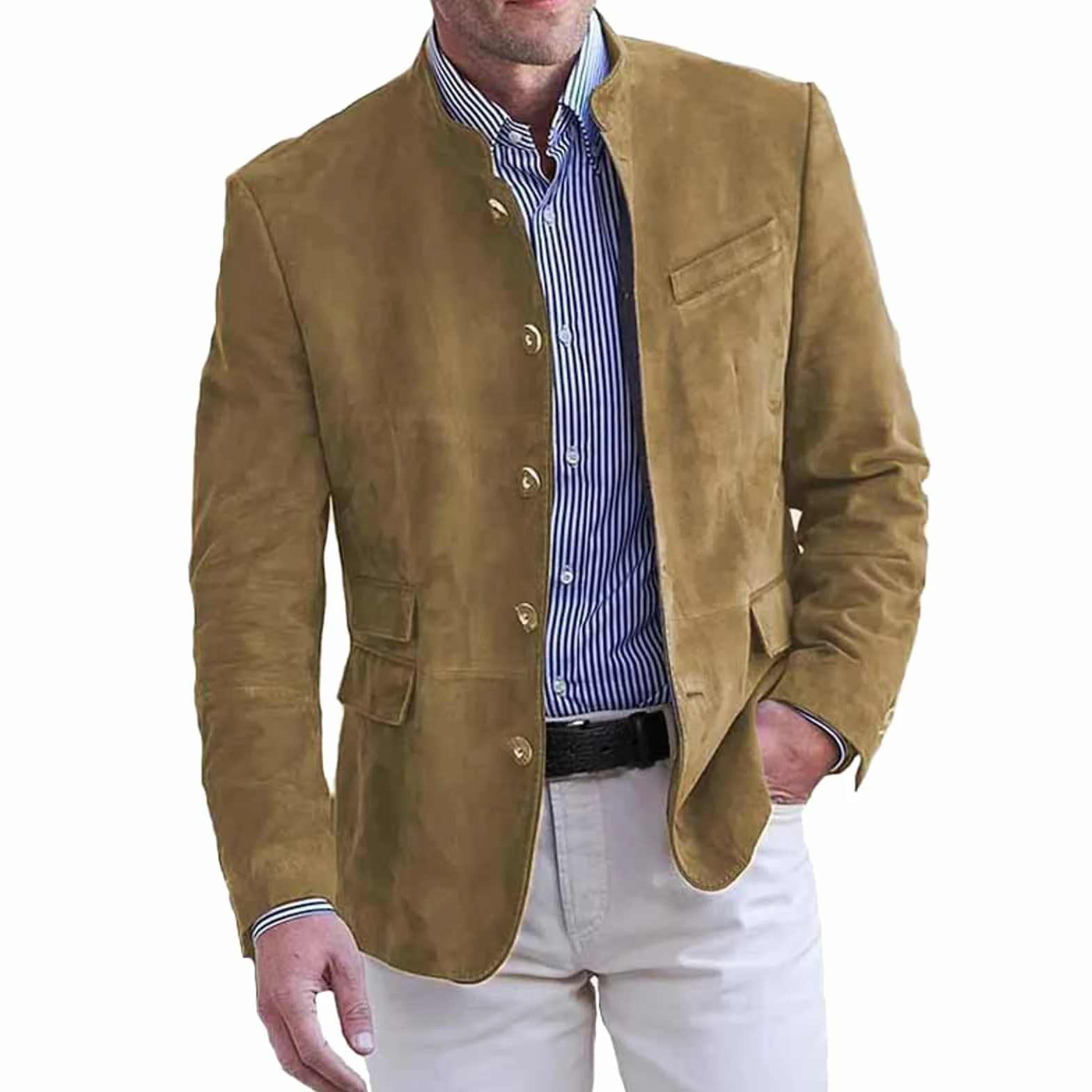 Generisch Męska kurtka garniturowa ze stójką, jednokolorowa, slim fit, marynarka w stylu vintage, kurtka garniturowa z listwą guzikową, kurtka biznesowa, klapa