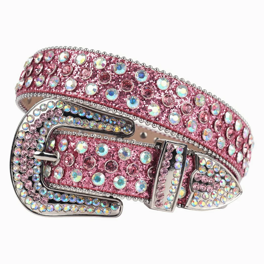 Różowy kryształ górski pasek damski męski jakość kryształ ćwiekowany pasek mężczyzna kobiety Ceinture Femme Cinto De strass do dżinsów deeratywny kolorowy różowy 96 cm