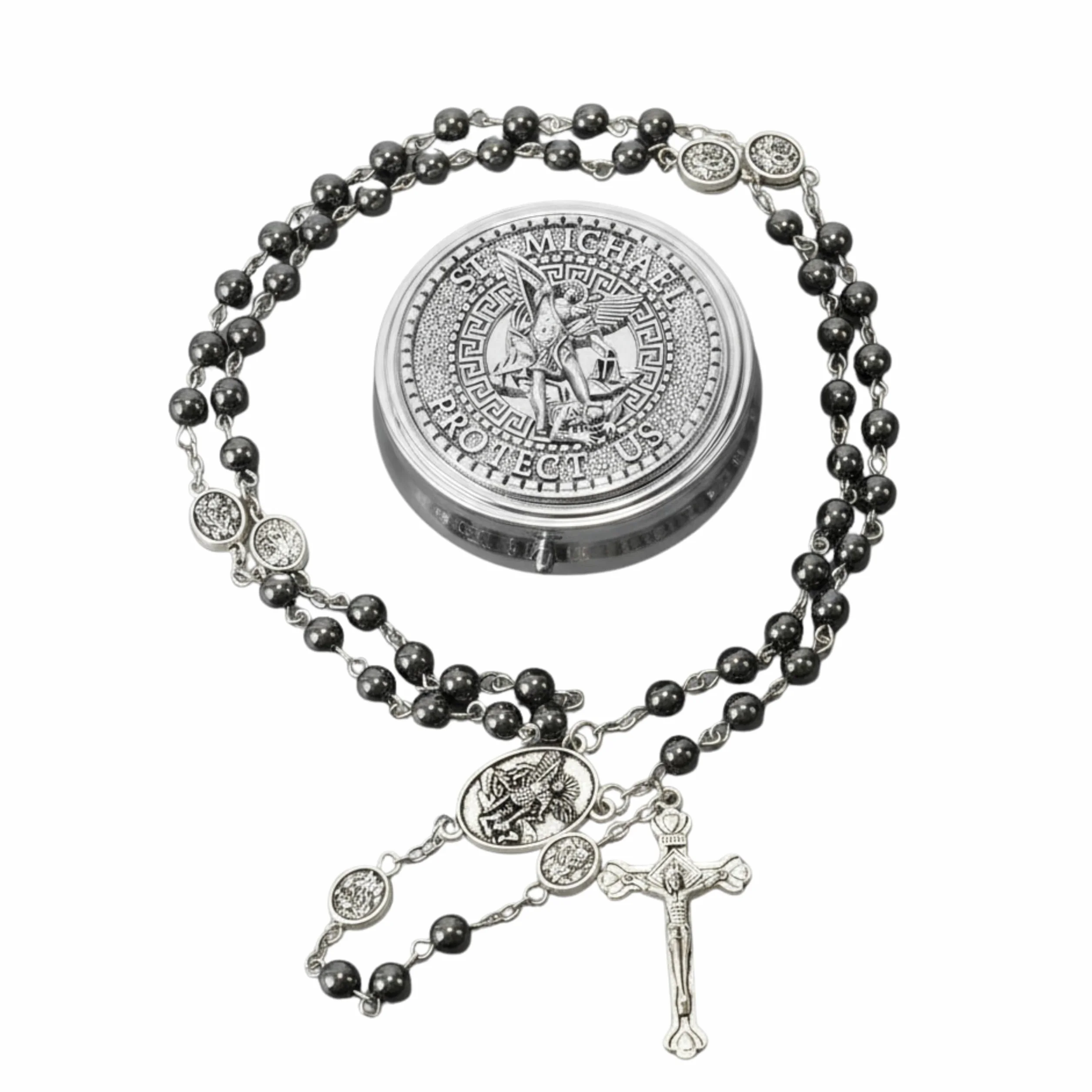 Nazareth Store Różaniec św. Michała, hematyt, kamienne koraliki, naszyjnik, metalowe koraliki, chwała, archanioł, medal i krzyż, z metalowym pudełkiem prezentowym