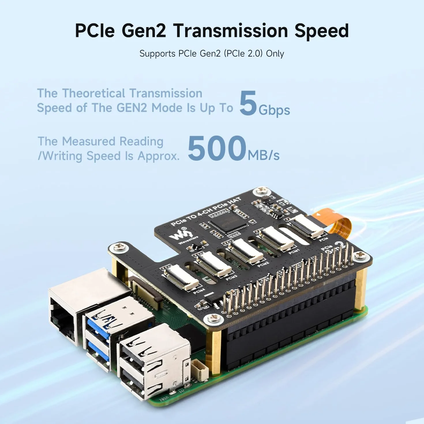 Waveshare 4-Ch PCIe FFC Adapter Board for Raspberry Pi 5, Expands The PCIe Interface Of The Pi 5 To 4-Ch PCIe FFC Connectors, Supports Stacking Multiple PCIe HATs, Raspberry Pi 5 PCIe HAT