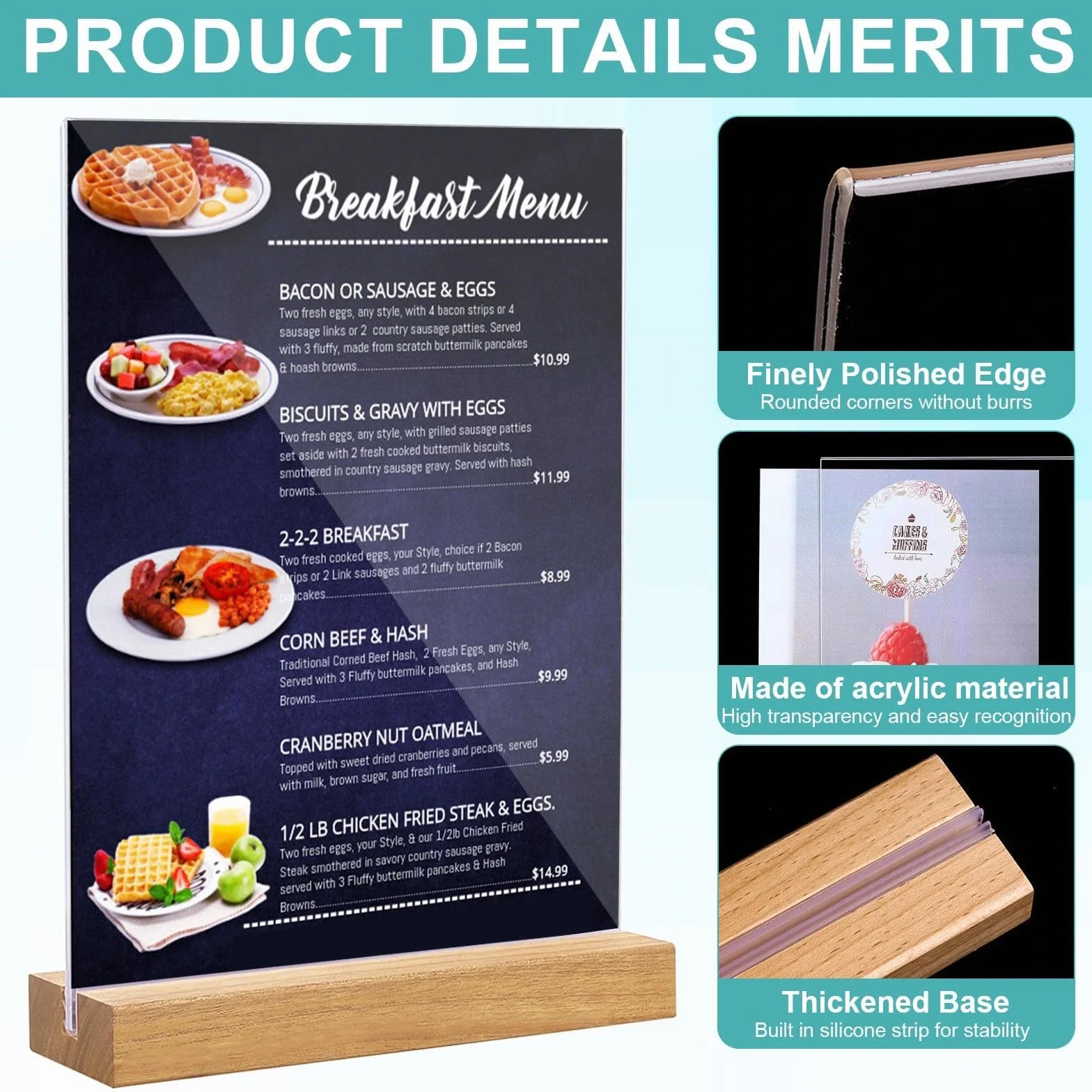 2 sztuki A5, akrylowy stojak na menu z dwustronną drewnianą nóżką, uchwyt na plakat w kształcie litery T, pionowy stół do reklam, zdjęć, menu, ulotek (21 x 15 cm)
