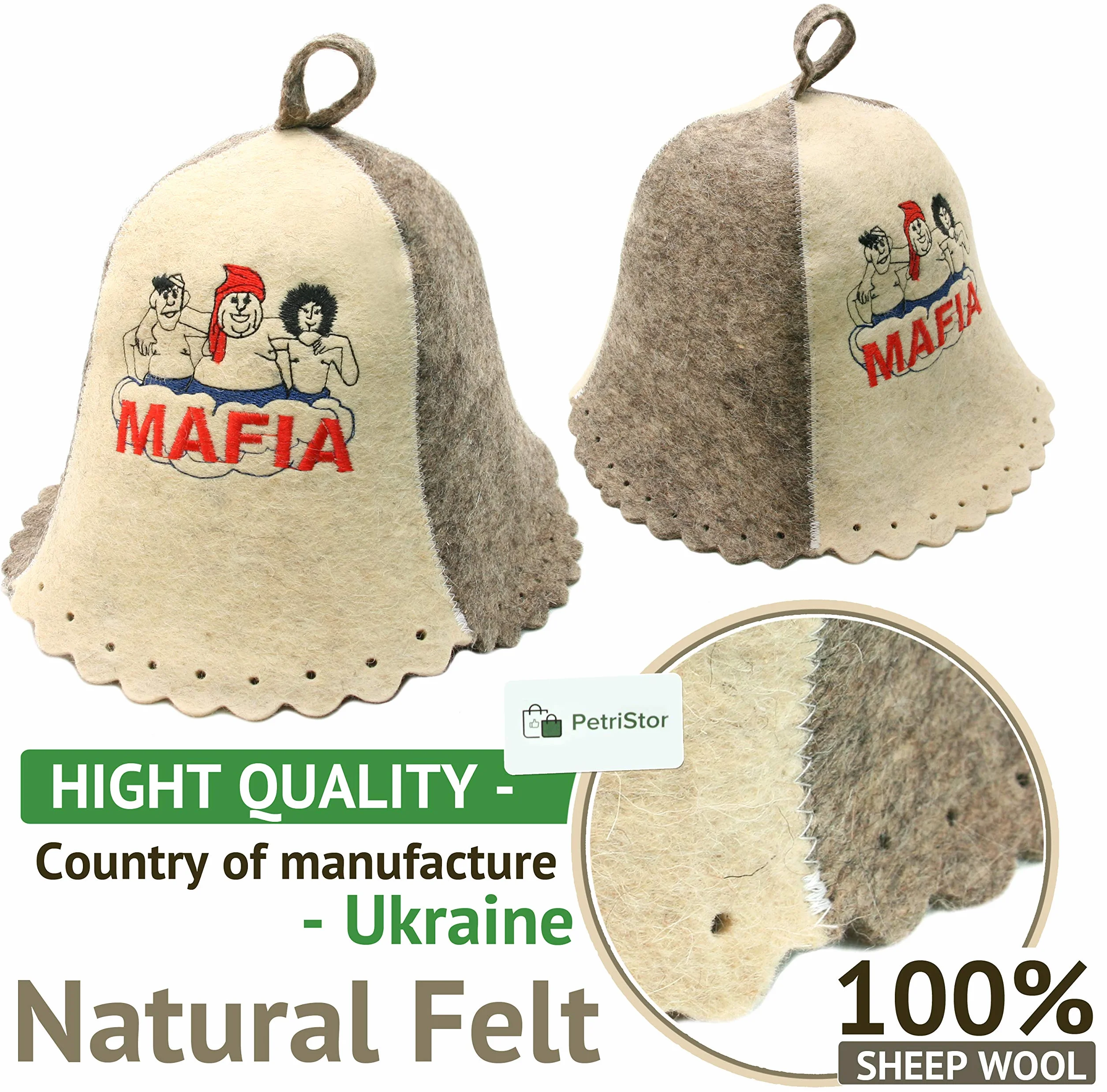 PetriStor Sauna Hat Embroidered Mafia for Man Natural Felt Made in Ukraine