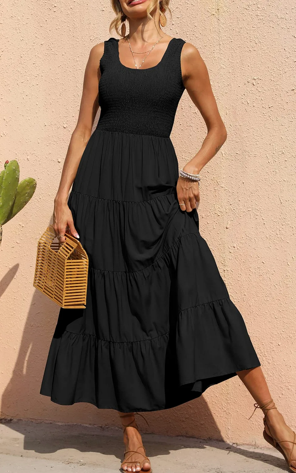 PRETTYGARDEN Damska 2024 casualowa luźna gładka sukienka maxi sukienka bez rękawów letnia plaża wielowarstwowe długie sukienki, Czarny, S