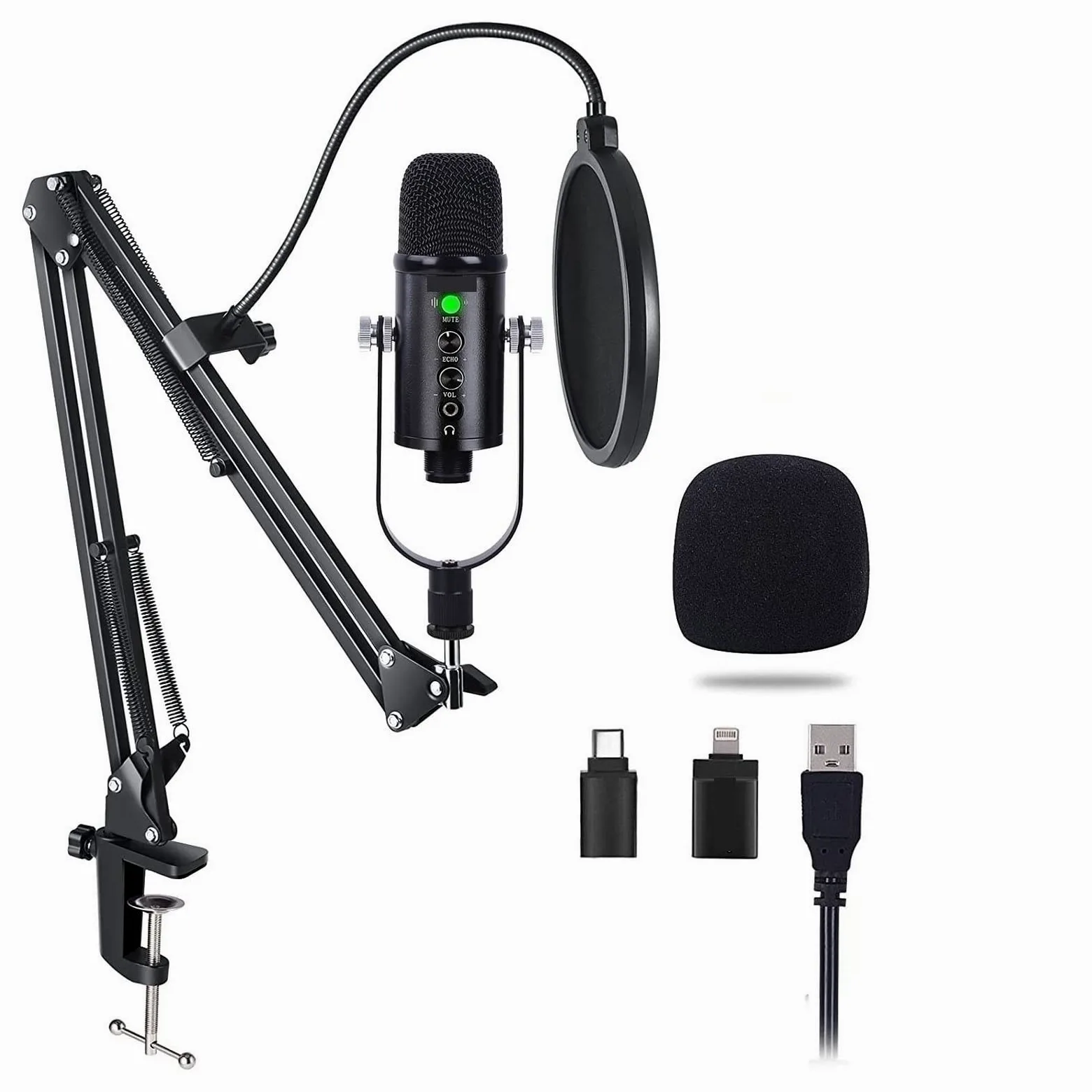 USB Condenser Microphone Compatible with PC Compatible with Phone Karaoke YouTube Studio Recording Podcast with Adjustable Arm Stand Shock Mount Mikrofon