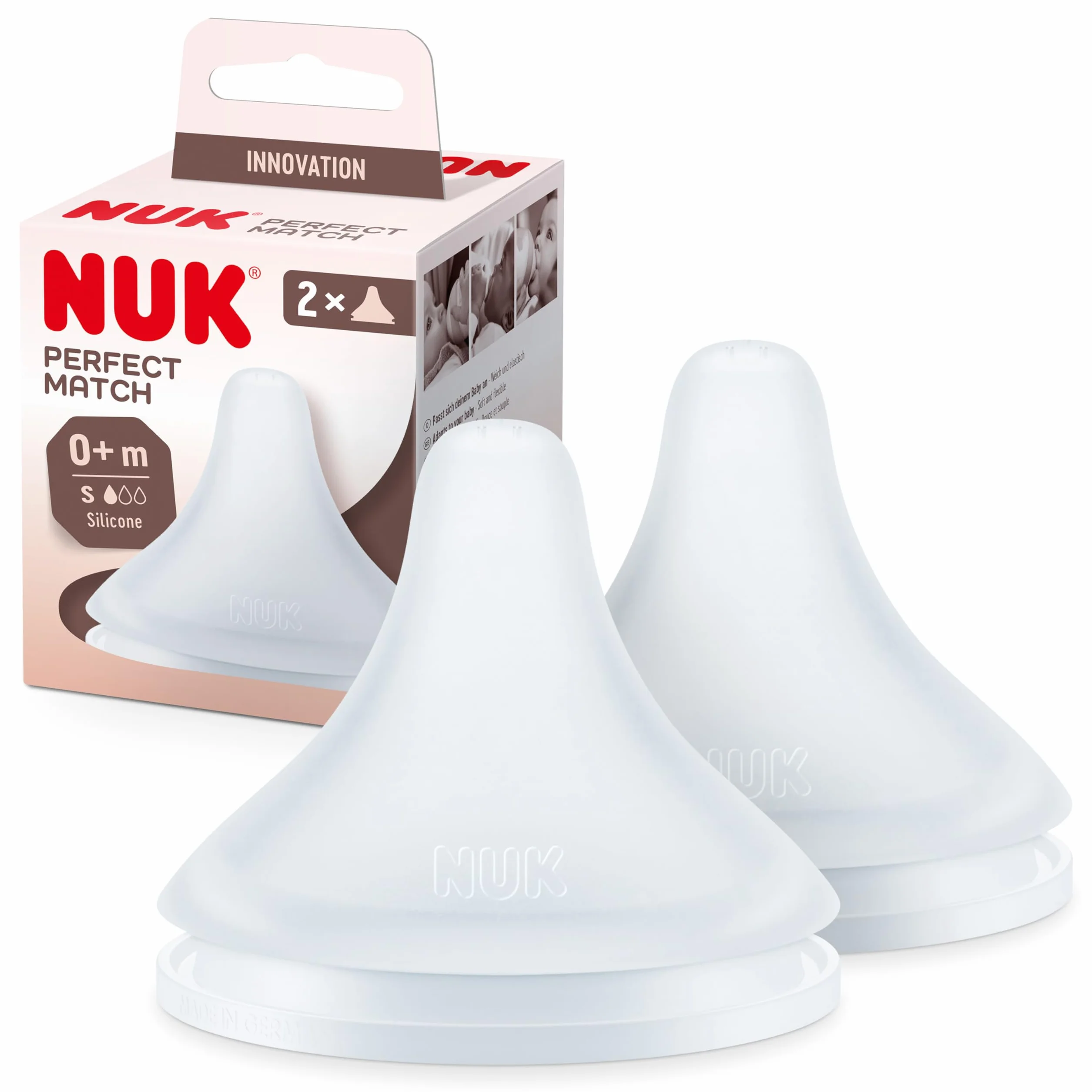 NUK Perfect Match smoczek do butelek dla niemowląt, 0+ miesięcy, pasuje do podniebienia dziecka, odpowietrznik antykolkowy, bez BPA, silikonowy smoczek S do butelek, 2 szt