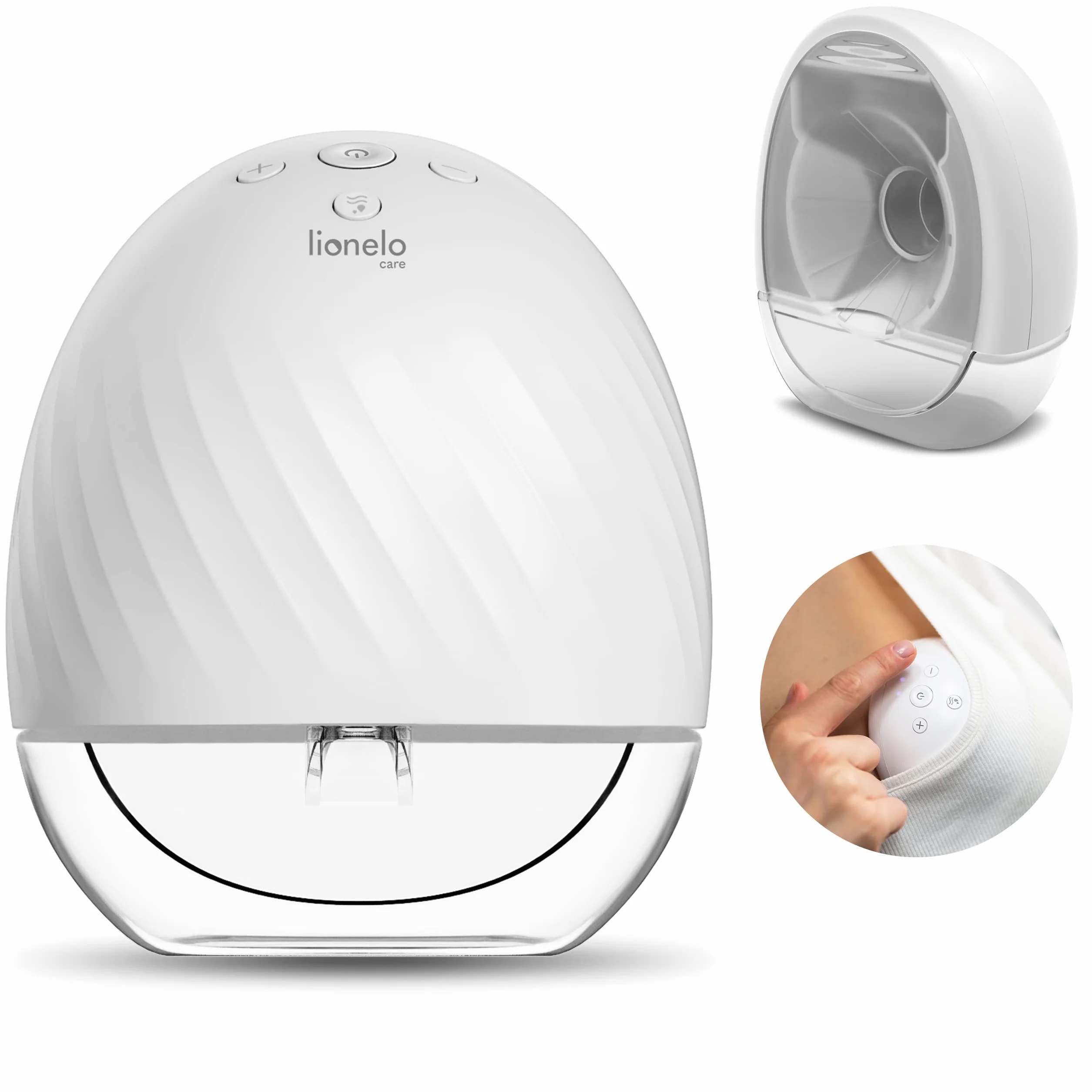 LIONELO Fidi Free Laktator Muszlowy Hands-Free 2 Tryby Pracy Funkcja Masażu 5 poziomów intensywności 3 rozmiary silikonowych lejków Pojemność 150 ml Energooszczędny Cicha Praca Timer