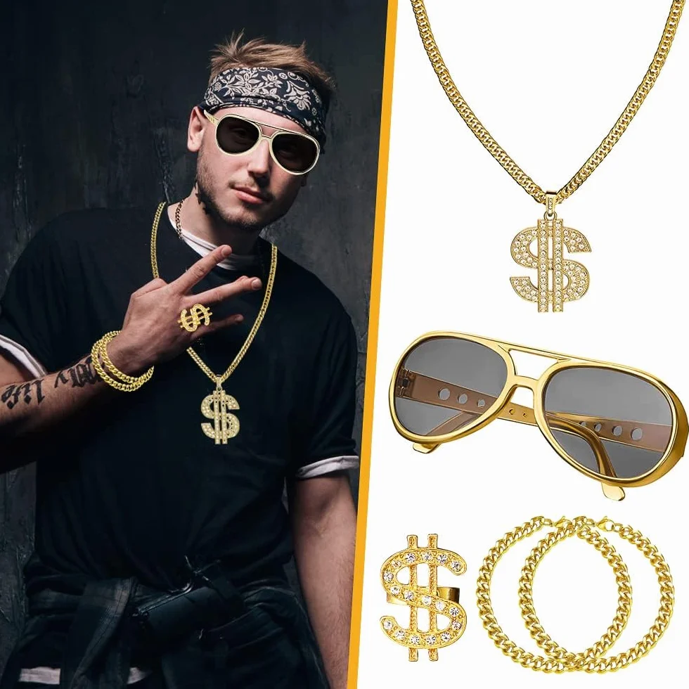 Zestaw kostiumowy hip-hopowy w stylu lat 80., złoty dolar, łańcuszek i złota bransoletka, pierścień, okulary, osobowość, hip-hop, kostium dla mężczyzn, lat 80-tych, 90., kostium rapera, na