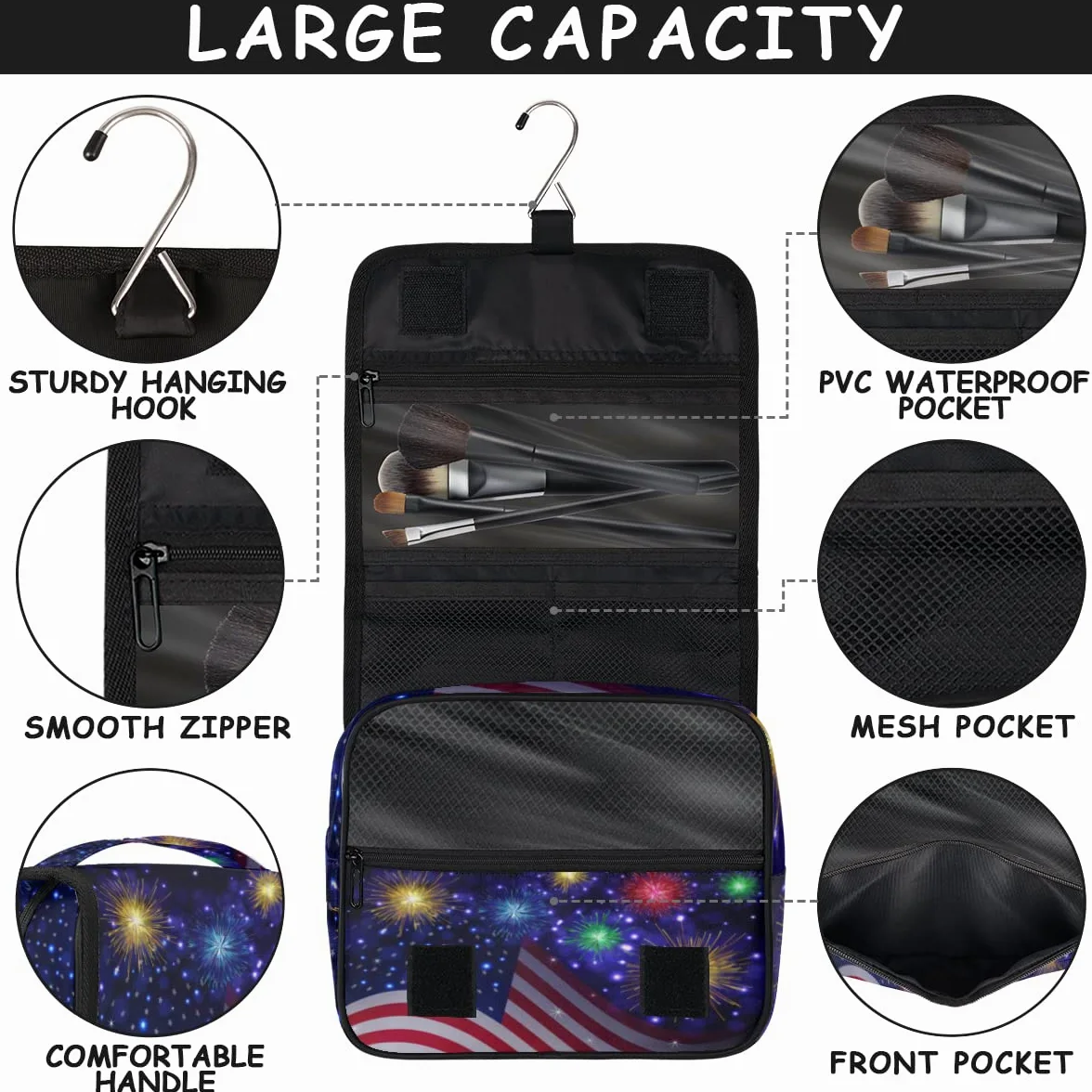 Ndependence Dzień Wakacje Podróżna kosmetyczka Amerykańska flaga Mycie Torba Unisex Wiszące przybory toaletowe Kosmetyczka Organizer do makijażu, wielobarwny, Jeden rozmiar