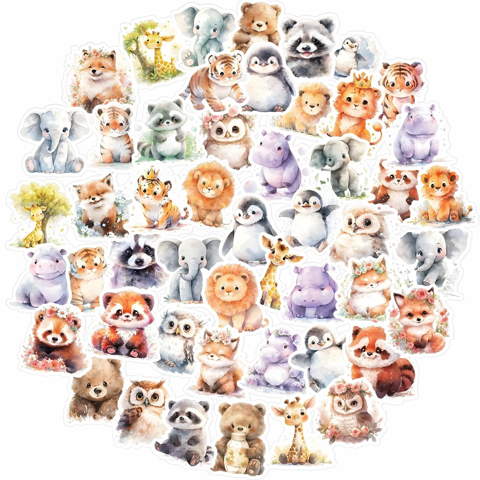 Zestaw 50 uroczych naklejek ze zwierzętami dla dzieci, akwarelowe słodkie naklejki Kawaii Safari, wodoodporne samoprzylepne naklejki ze zwierzętami na laptopa, album z wycinkami, butelkę wody