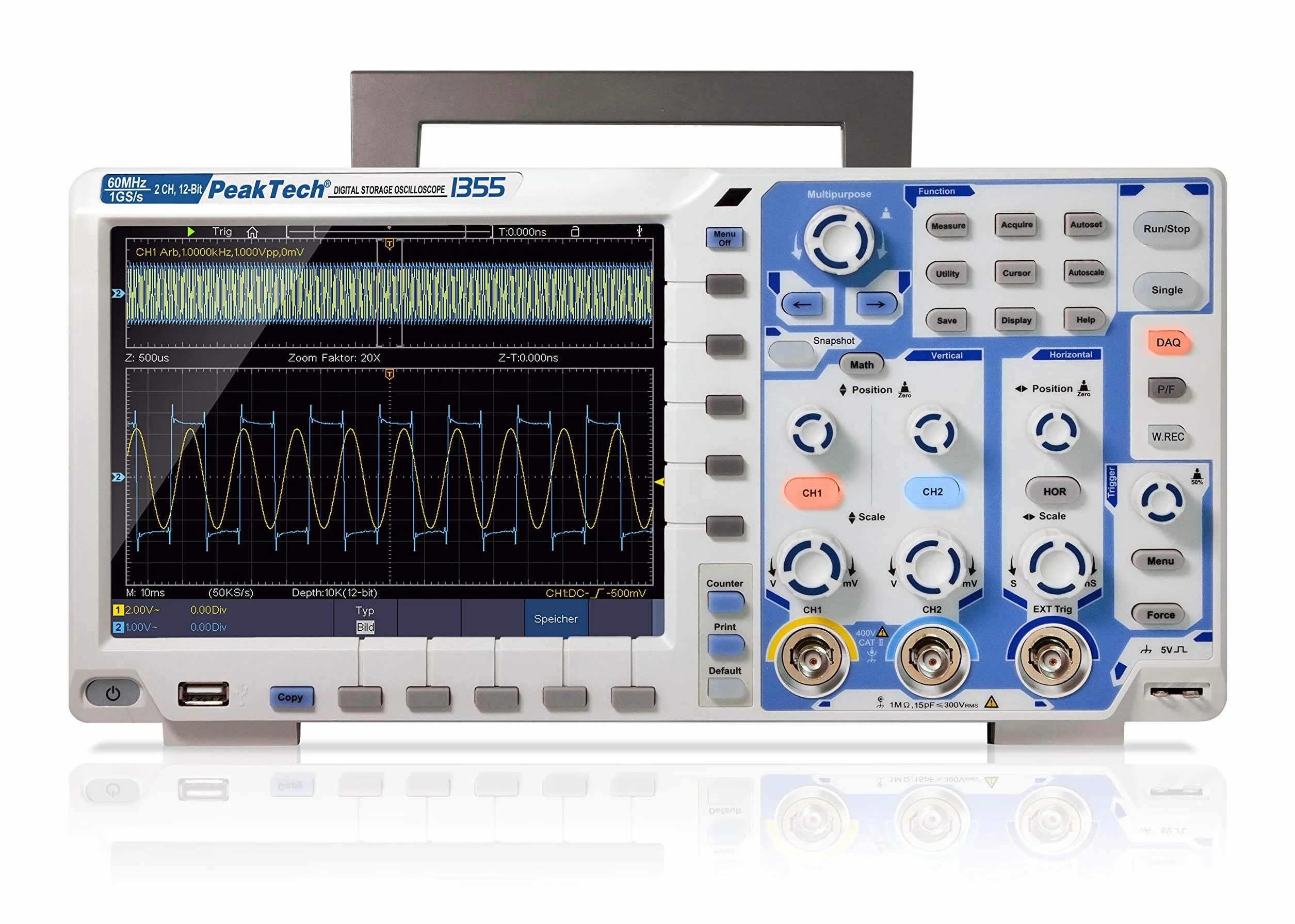 PeakTech P 1355 2-Channel Storage Oscilloscope 60 MHz Max. 1 GS/s and 12 bit A/D - with USB, LAN interface & 8" touch screen, memory depth 40 million points, FFT & XY mode, DSO 18 W, 240 V