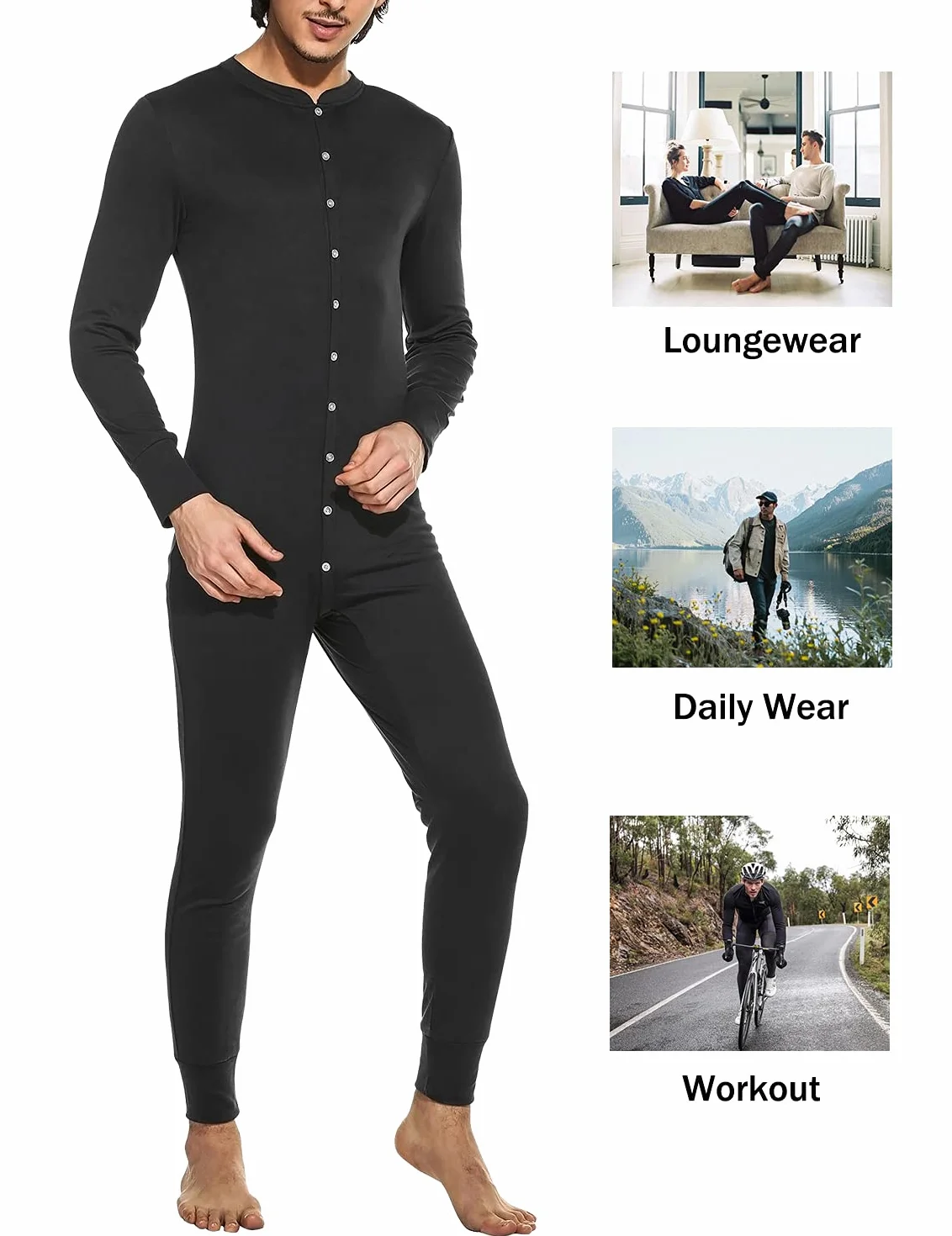 Hotouch Bielizna termiczna, męska, kombinezon jednoczęściowy, bawełna Onesie, bielizna termiczna, piżama na zimę, S-XXL