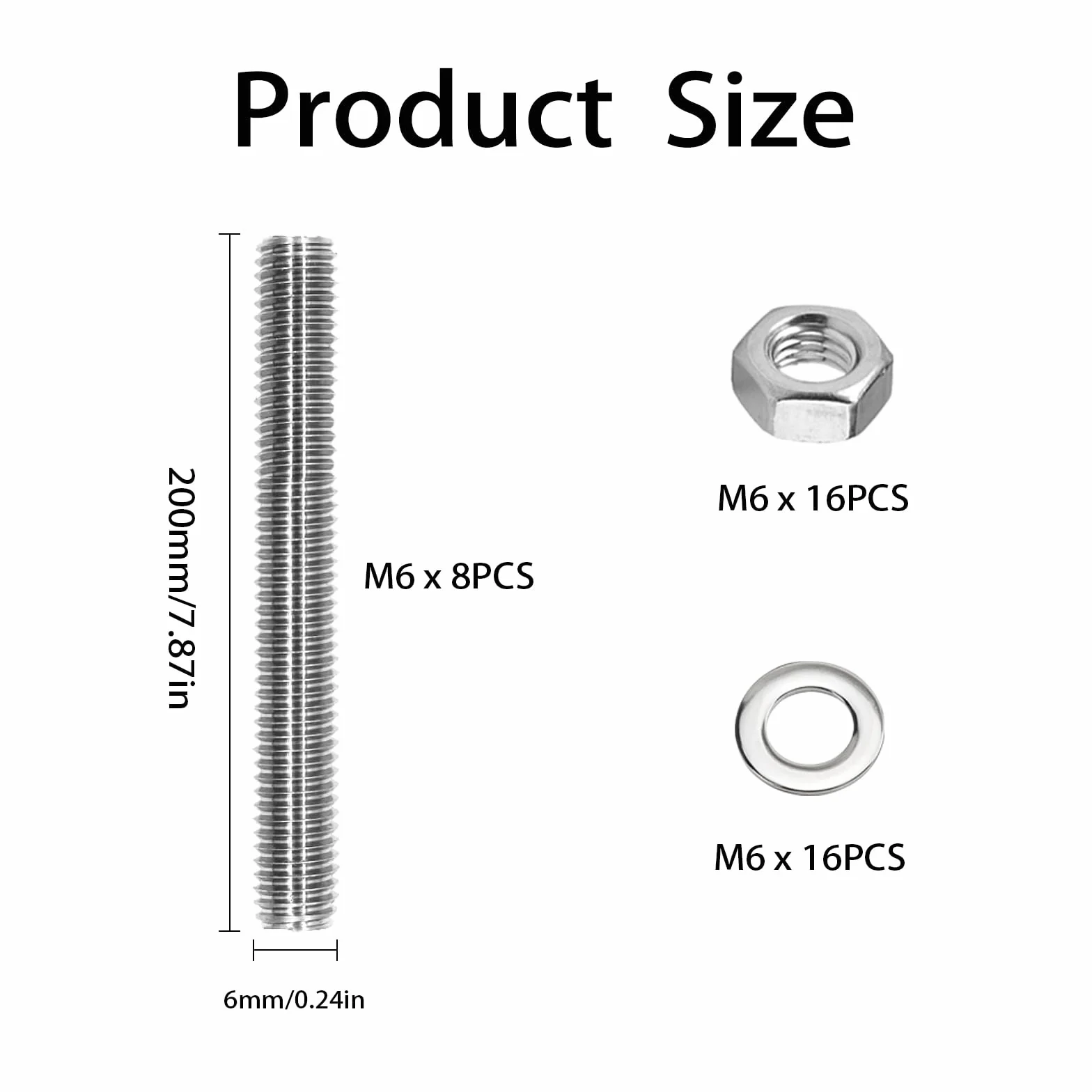 8 sztuk prętów gwintowanych M6 x 200 mm z 16 nakrętkami sześciokątnymi i 16 podkładkami, pręty gwintowane ze stali nierdzewnej, pręty gwintowane do mebli, montażu maszyn