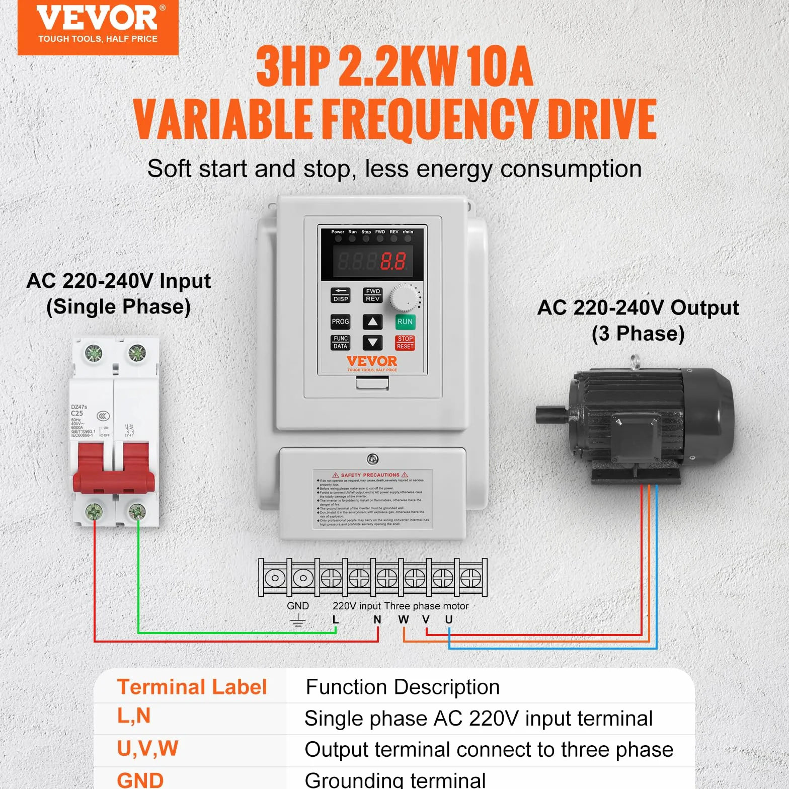 VEVOR 2,2 kW 10 A 3 KM przetwornica częstotliwości VFD AC 220–240 V regulator częstotliwości, regulator prędkości, przetwornik częstotliwości, silnik falownika, VFD, zmienna częstotliwość, w zestawie