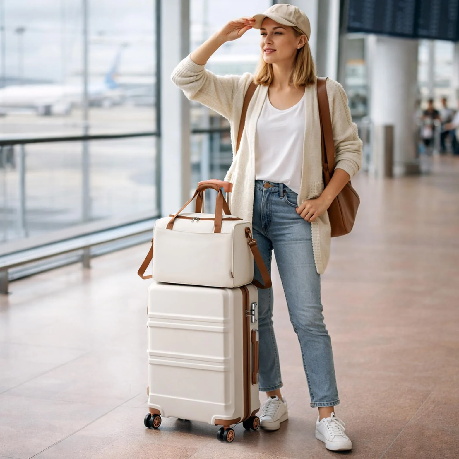 Kono Zestawy bagażowe Lekka walizka z twardą obudową ABS z zamkiem TSA + torba kabinowa Ryanair 40 x 20 x 25 cm, Kremowy, biały, 20 Inch Luggage Set, Carry on