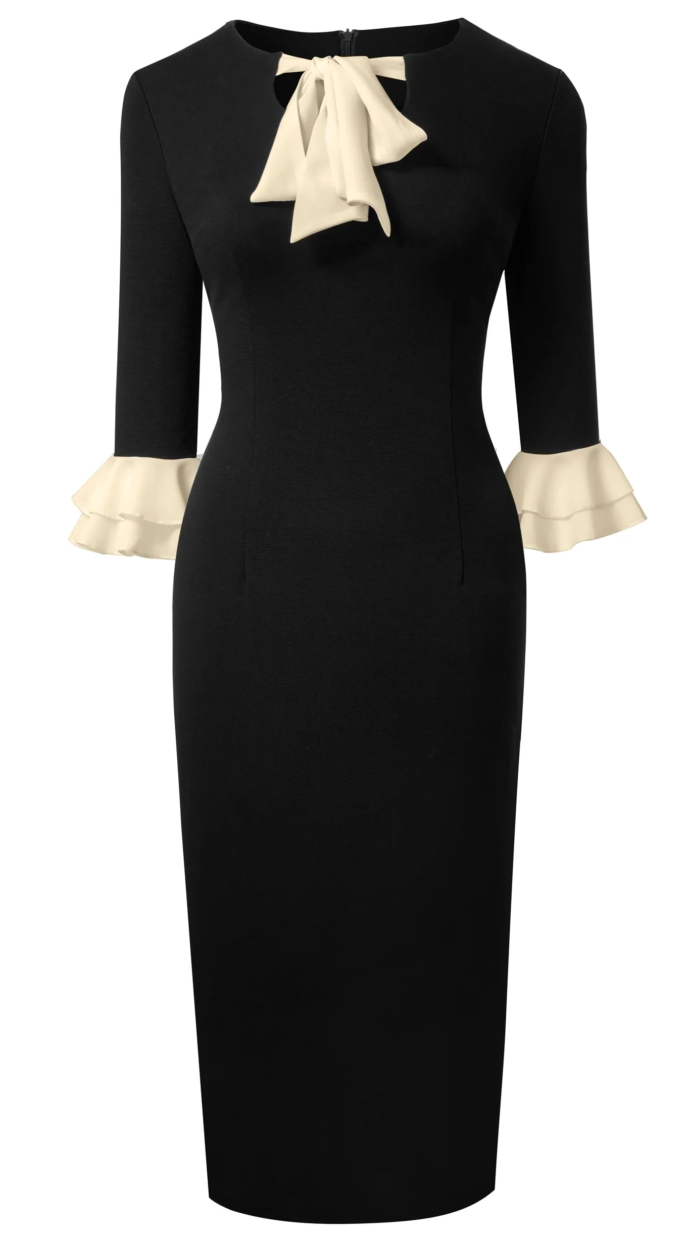 HOMEYEE Damska sukienka ołówkowa z okrągłym dekoltem 3/4 rękawy falbanki sukienka wieczorowa sukienka ołówkowa retro bodycon midi sukienka koktajlowa sukienka kopertowa B800
