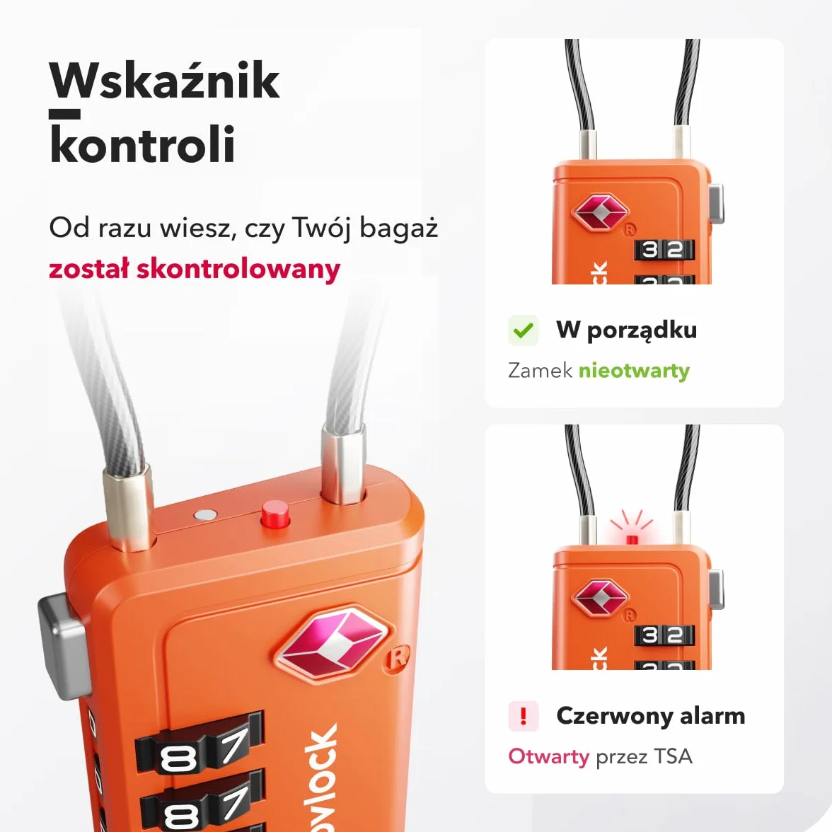 Kłódki TSA ze Wskaźnikiem Otwarcia – Szyfrowe Zamki do Walizek, Plecaków, Bagażu i Szafek – Zamki Podróżne z Elastyczną Stalową Linką, Zestaw 2 Pomarańczowe