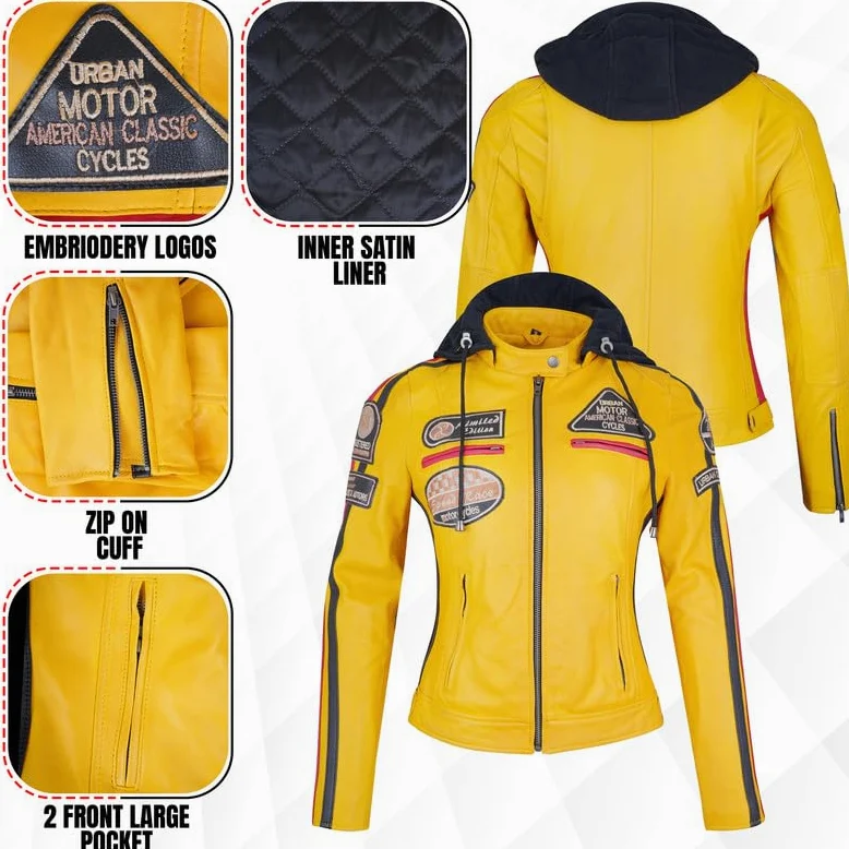 URBAN 5884 58-damska skórzana kurtka motocyklowa, całkowicie zdejmowane ochraniacze, Żółty, 3XL