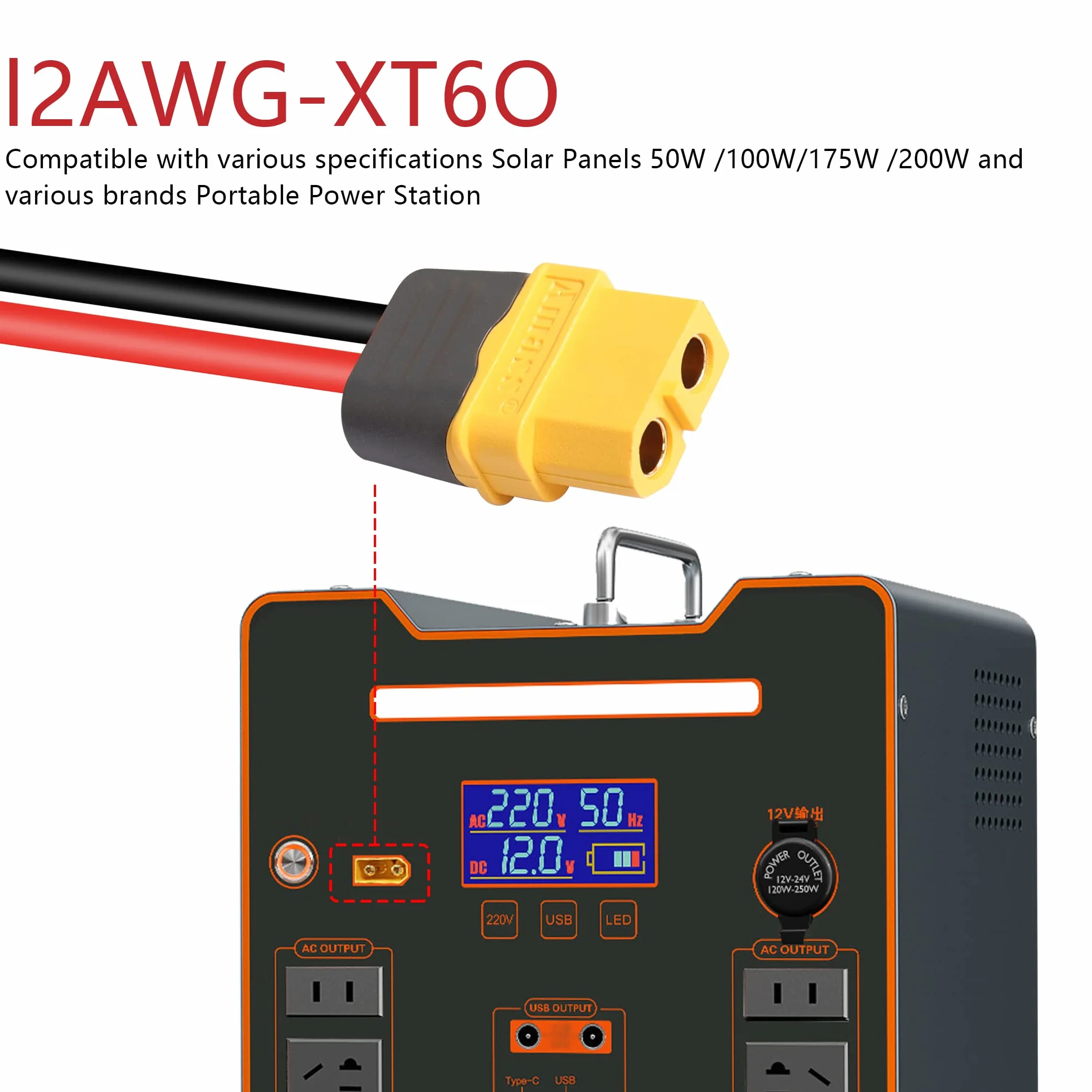 YAODHAOD Panel słoneczny, wtyczka do adaptera XT60, gniazdo 12AWG XT60, panel słoneczny, kabel zasilający do panelu słonecznego, wtyczka do ładowania solarnego do przenośnej energii i generatora solarnego