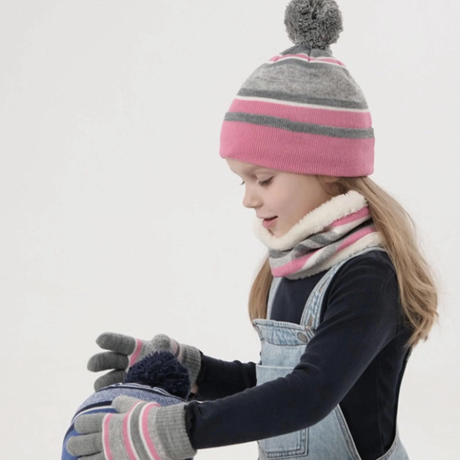 Dziecięca czapka zimowa w paski, dzianinowa czapka beanie, komin, szalik, rękawiczki, zestaw z grubą podszewką z polaru, bawełna, dzianina termiczna, pompon, czapka ocieplacz na szyję, dla