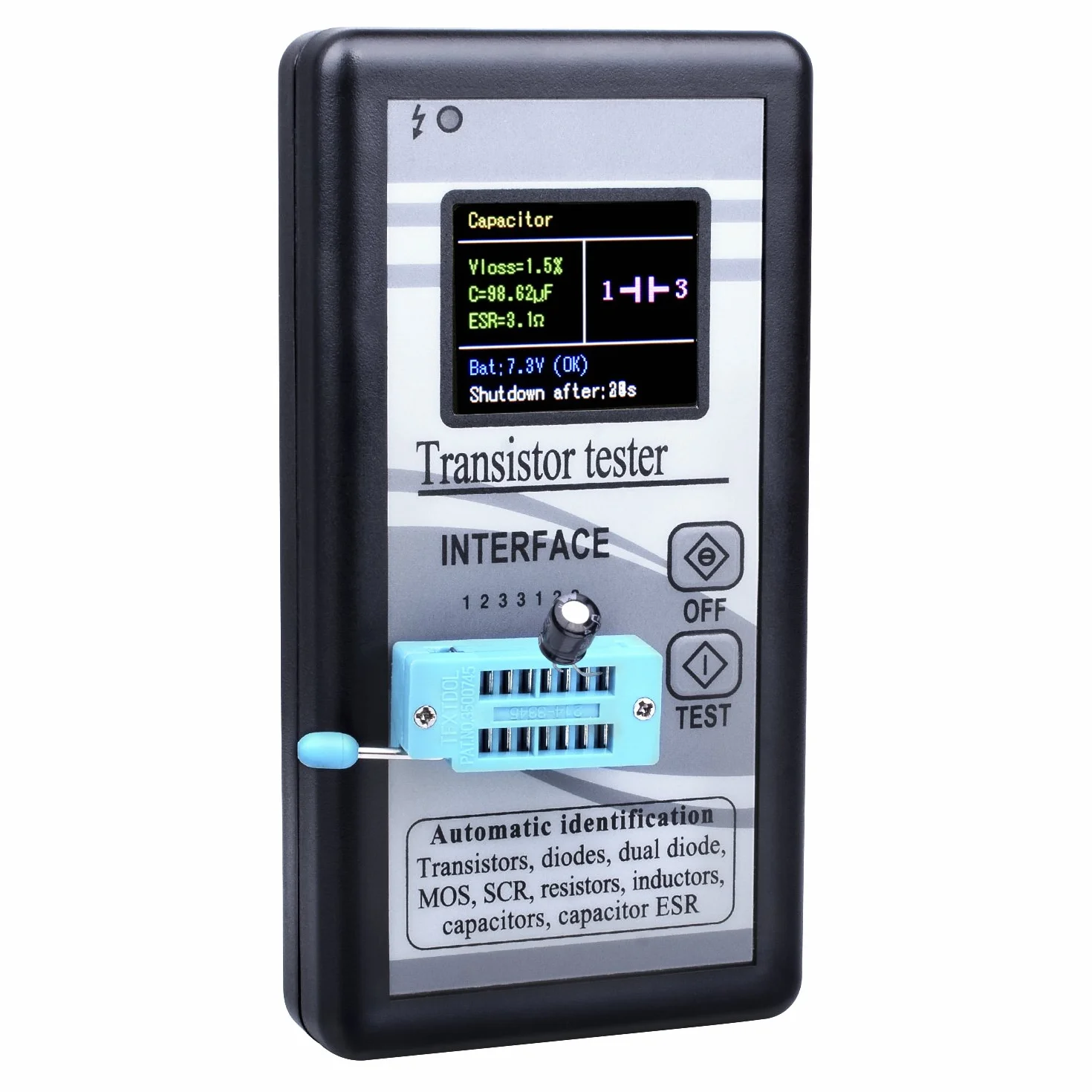 Kuman Wielofunkcyjny tester tranzystorowy z 1,8-calowym wyświetlaczem LCD TFT, tranzystor automatycznej identyfikacji Mega328 NPN/PNP, diody, podwójna dioda, SCR, rezystory, kondensatory MOSFET ESR
