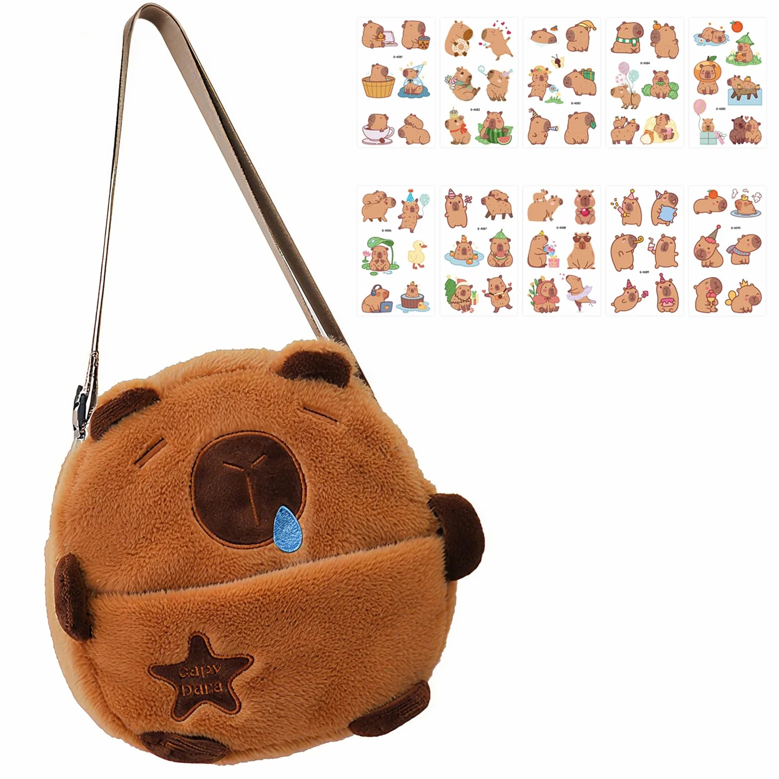 ZhouWei Capybara plecak, plecak Capibara o dużej pojemności z regulowanym paskiem na ramię i 10 tymczasowymi tatuażami, urocza torba na ramię ze zwierzętami dla dziewcząt i chłopców, do szkoły