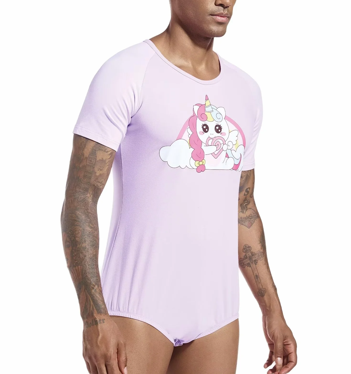 Landofgenie Onesie Piżama Męskie Bodysuit Dolne Krocze Top Koszula Raglan Rękawy Rompers dla Mężczyzn Fioletowe Piżamy z Nadrukiem Jednorożca