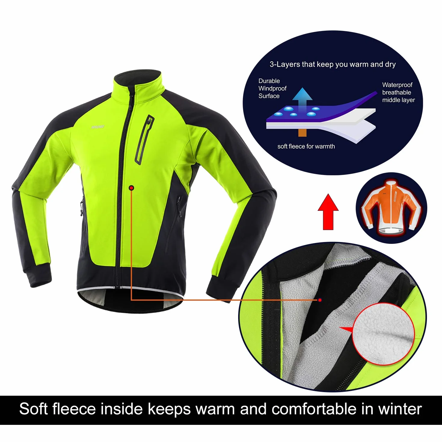 ARSUXEO Męska zimowa kurtka rowerowa, termo-włóknina, softshell, MTB, odzież wierzchnia, wiatroszczelna, wodoszczelna, 20B