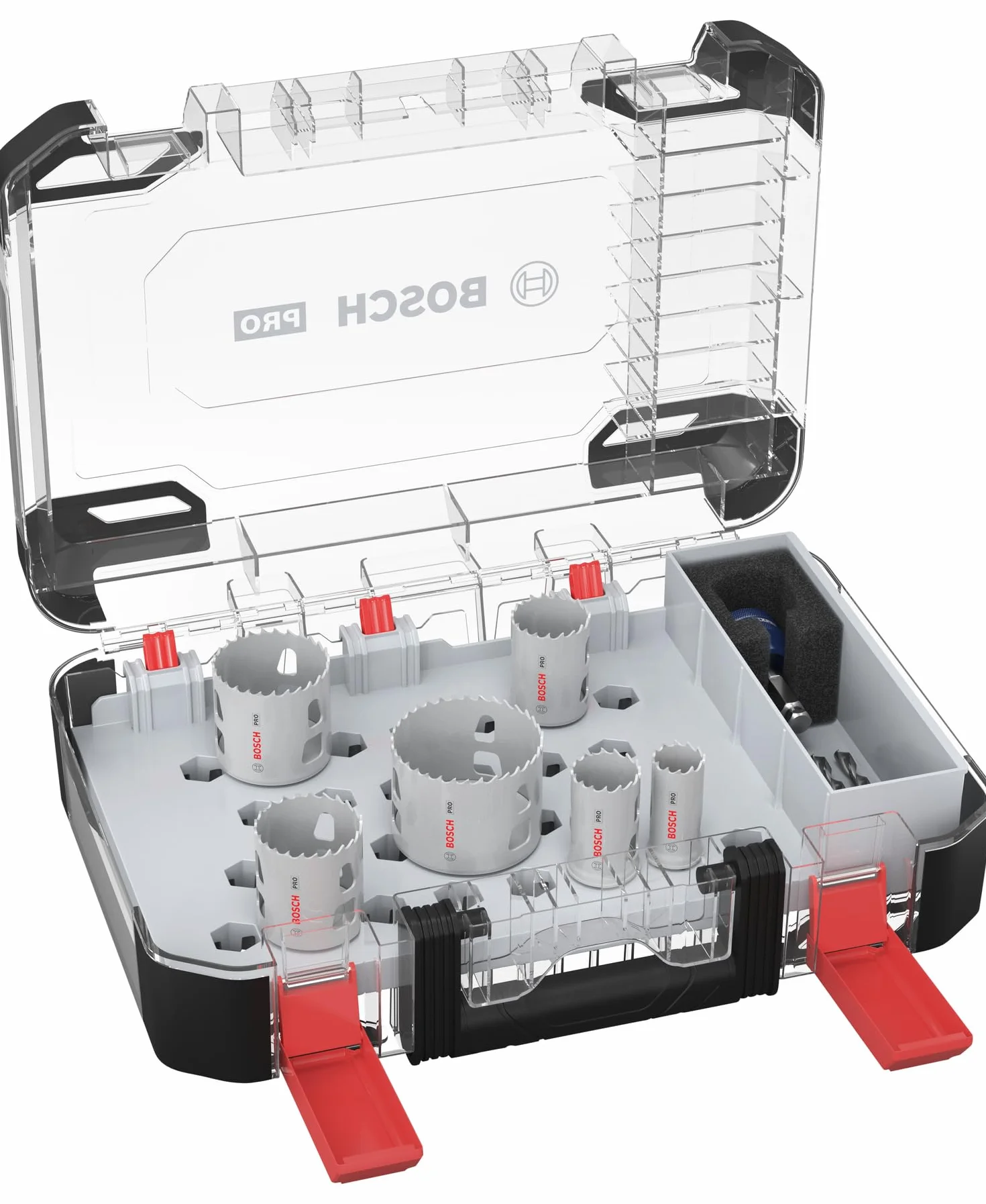Bosch 9 x PRO Multi Material Power Change Plus zestaw otwornic – przezroczyste etui (do miękkiego drewna, płyt kartonowo-gipsowych, Ø 22, 29, 35, 44, 51, 64 mm, profesjonalne akcesoria do