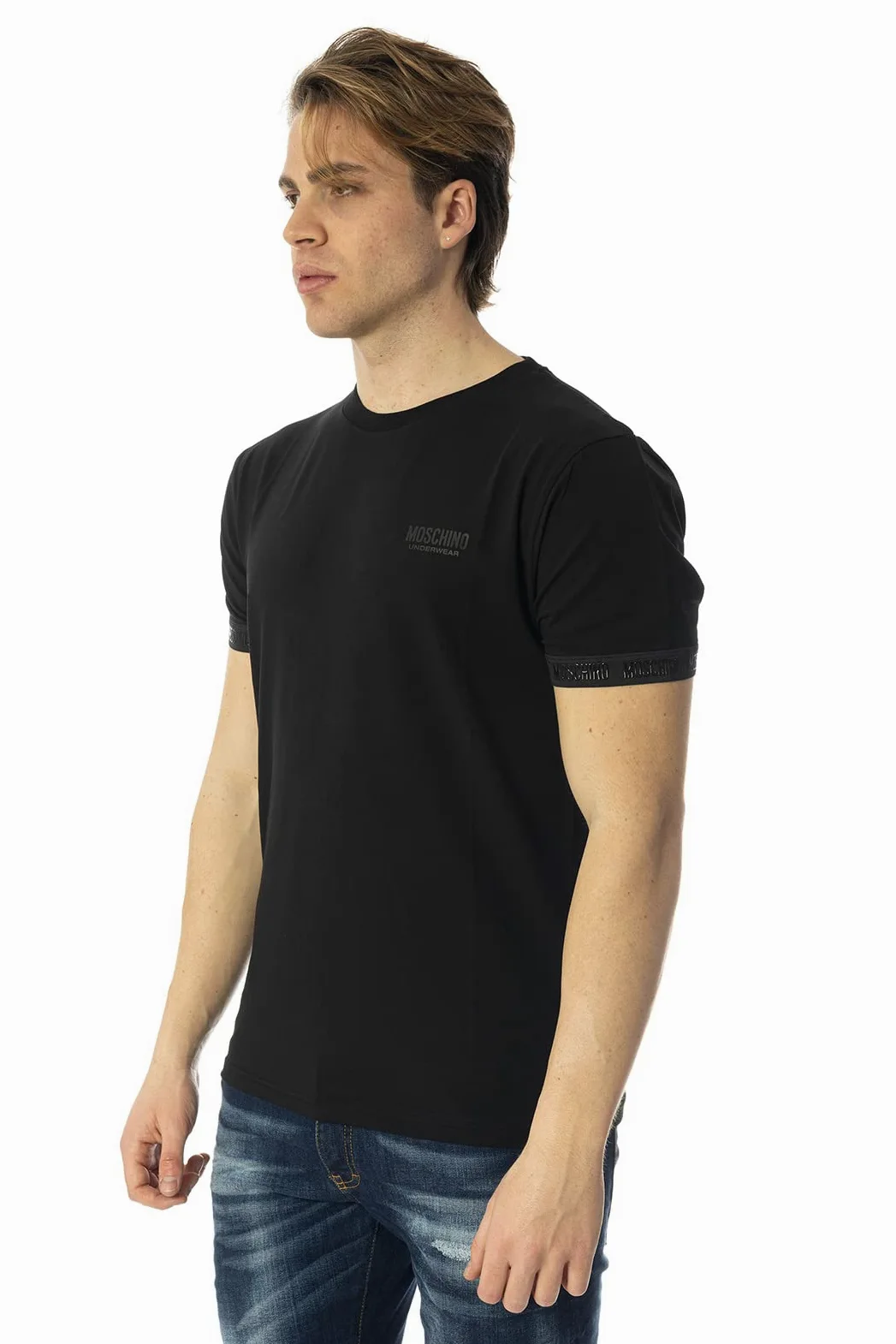 Moschino T-Shirt Mężczyźni Czarny T-Shirt Casual z logo z rękawem i klatki piersiowej