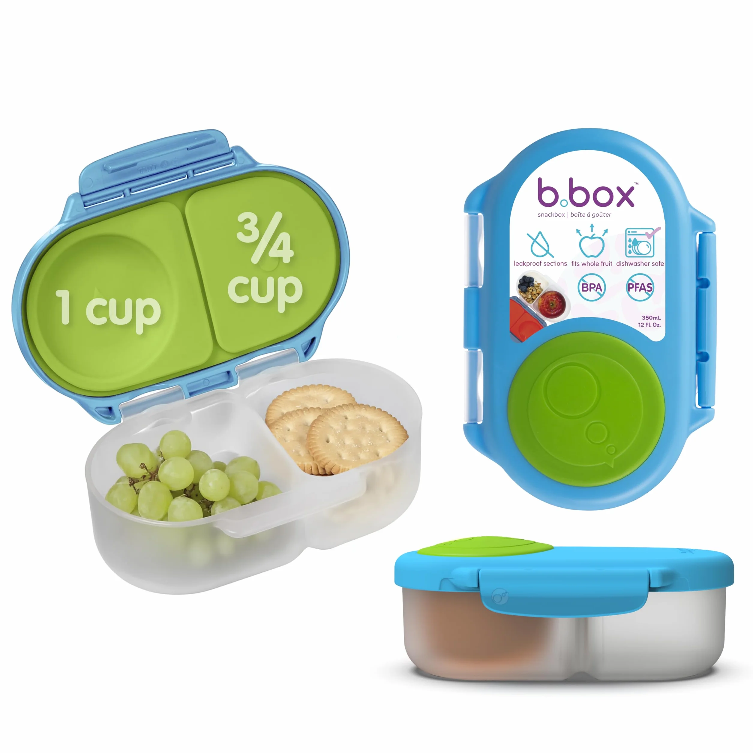 b.box Snackbox | Mini pudełko na lunch Bento z 2 szczelnymi przegródkami, idealne dla małych dzieci, na lunch i przekąski, pasuje do całego owocu, nie zawiera BPA, Ocean Breeze