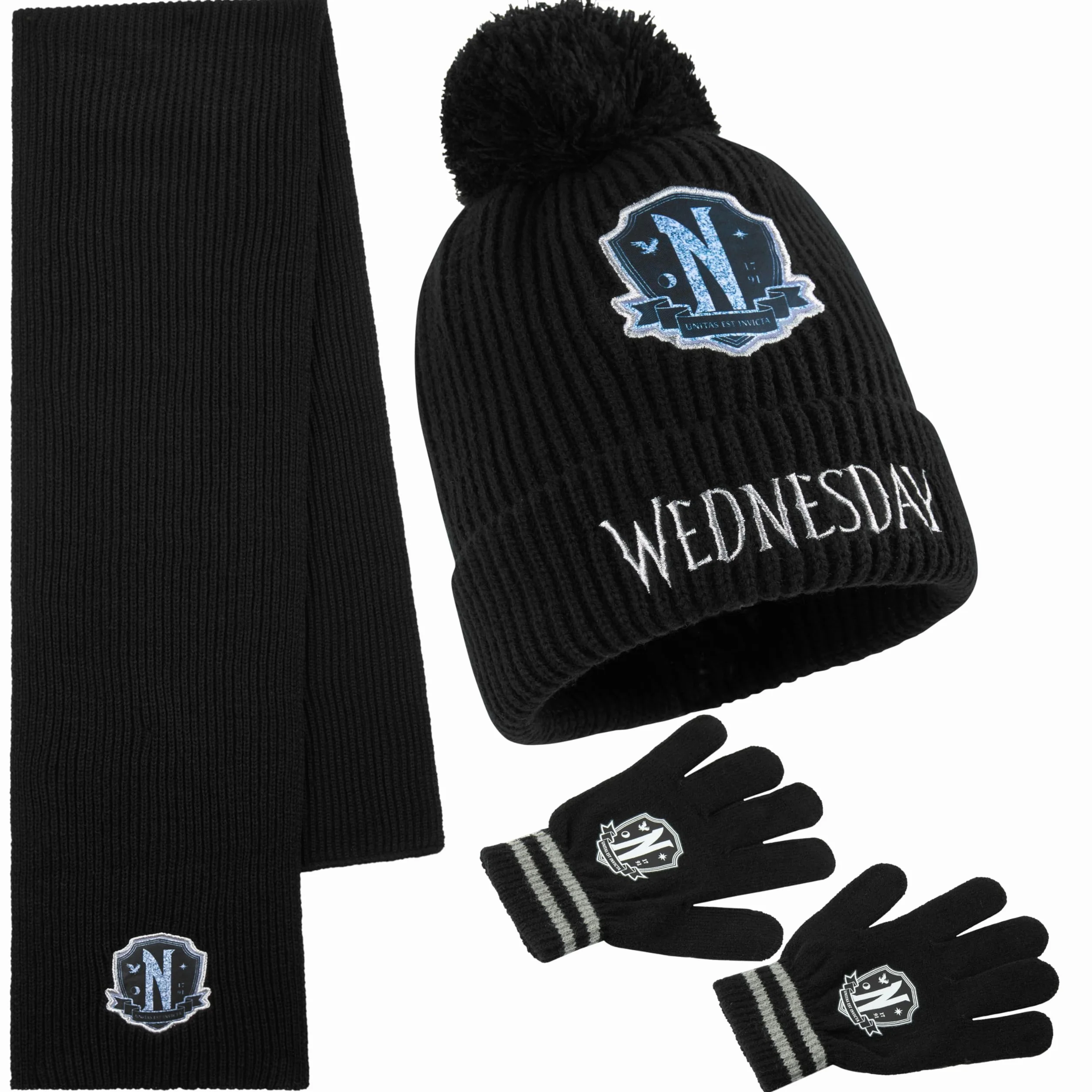 Wednesday Zestaw akcesoriów zimowych 3-częściowy czapka beanie szal rękawiczki dla dziewczynek 6-14 lat